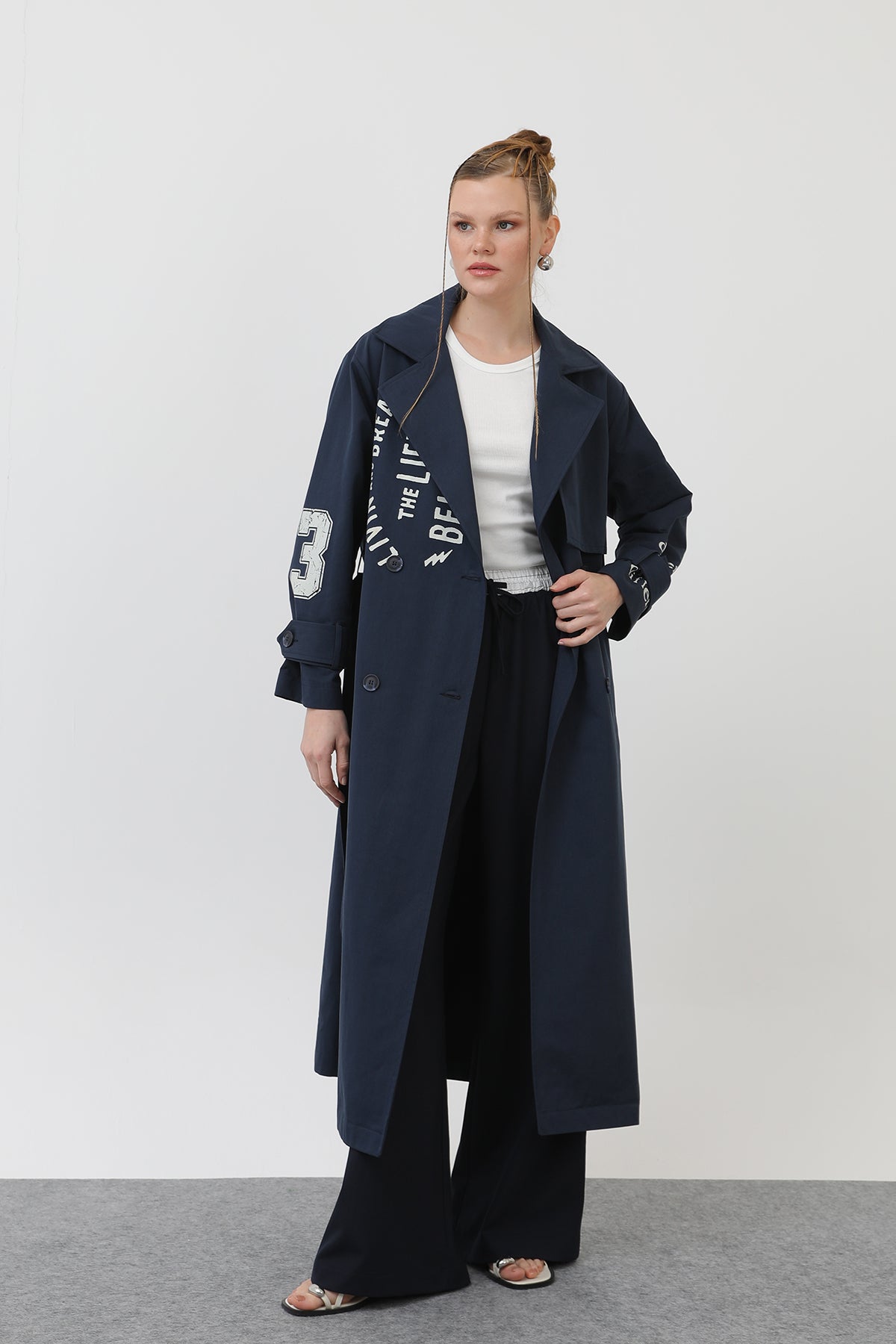 Kadın Baskılı Trench - 32139TRC NAVY