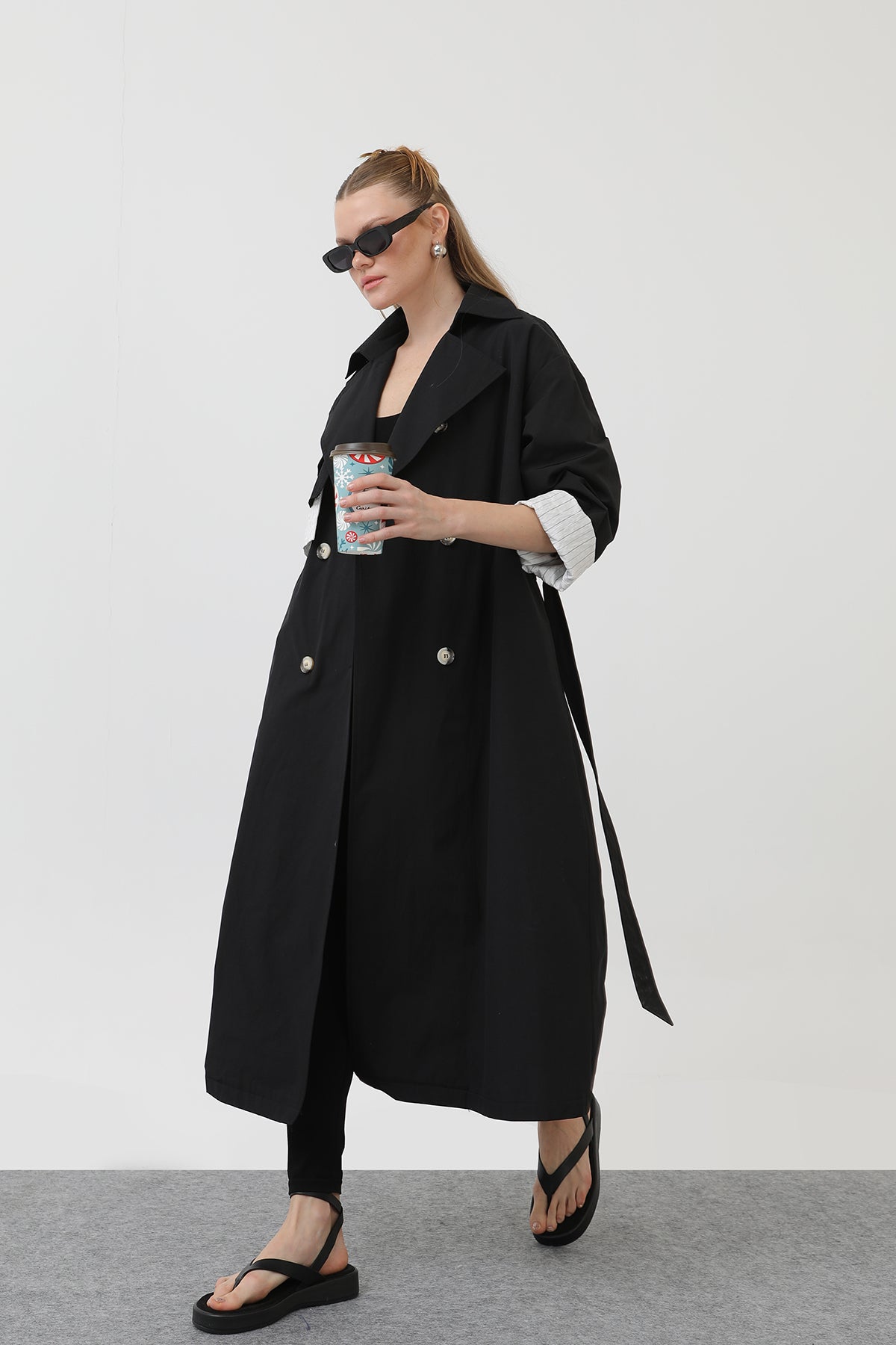 Kadın Garni Çizgili Detaylı Trench - 32141TRC BLACK-ECRU