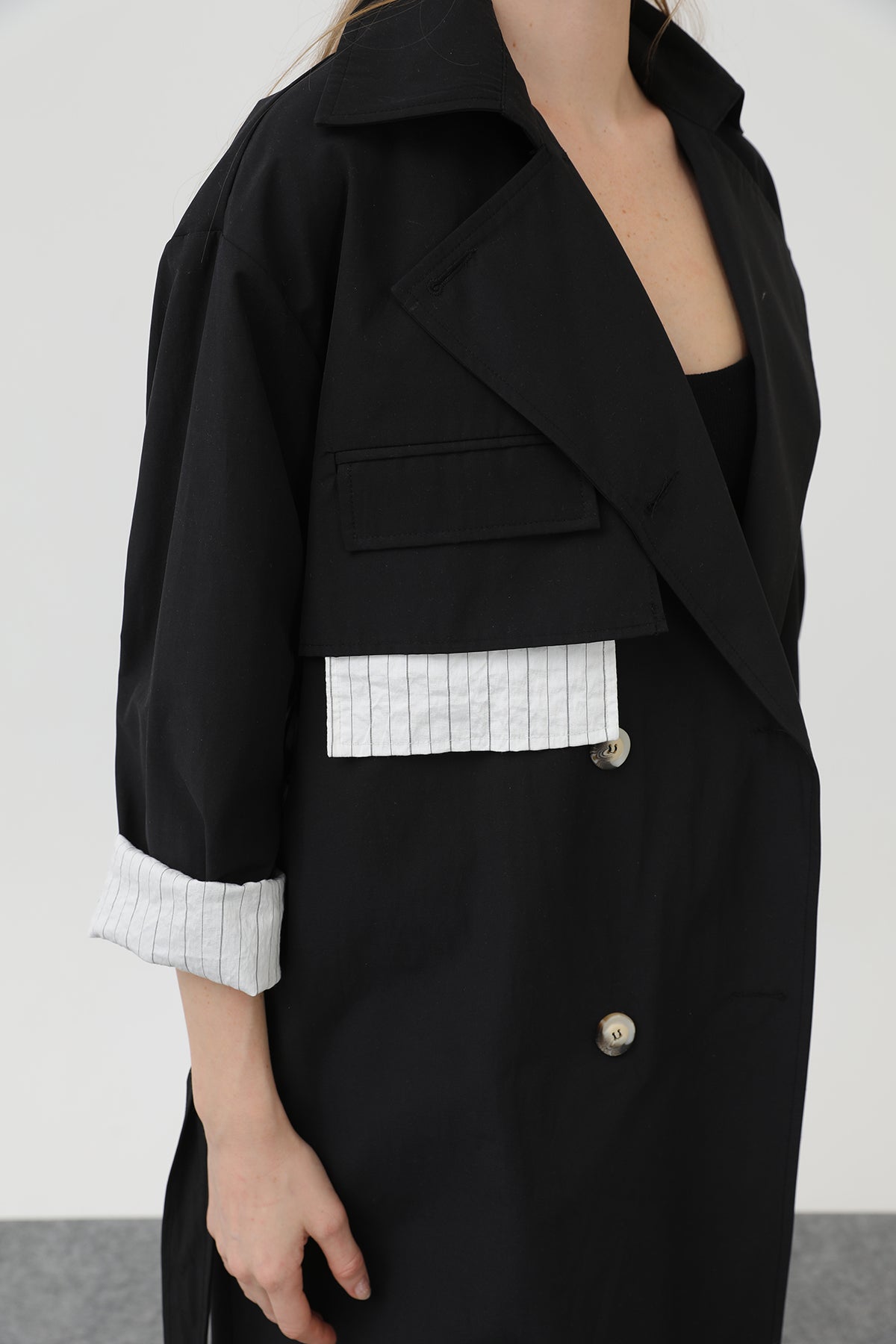 Kadın Garni Çizgili Detaylı Trench - 32141TRC BLACK-ECRU