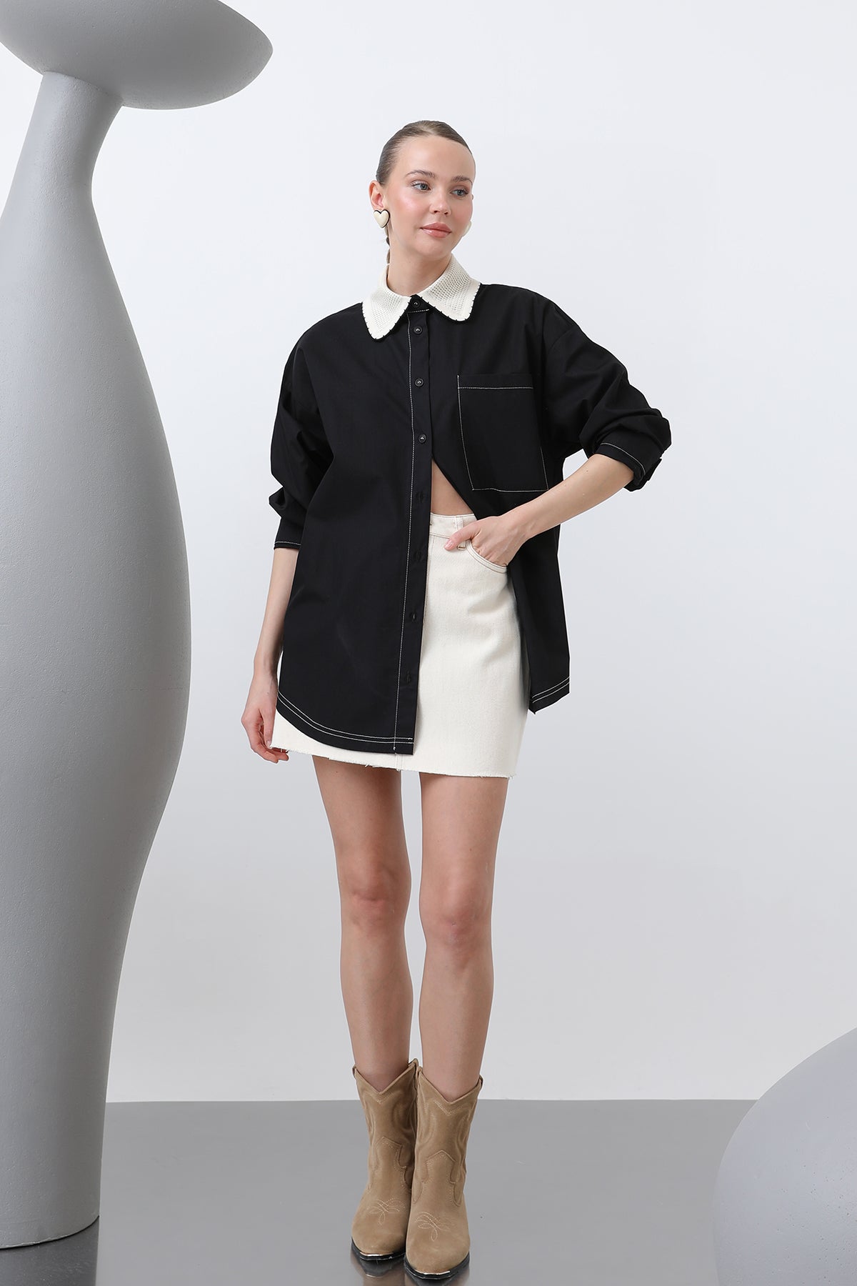 Kadın Yakası Örme Detaylı Gömlek - 32150GML BLACK