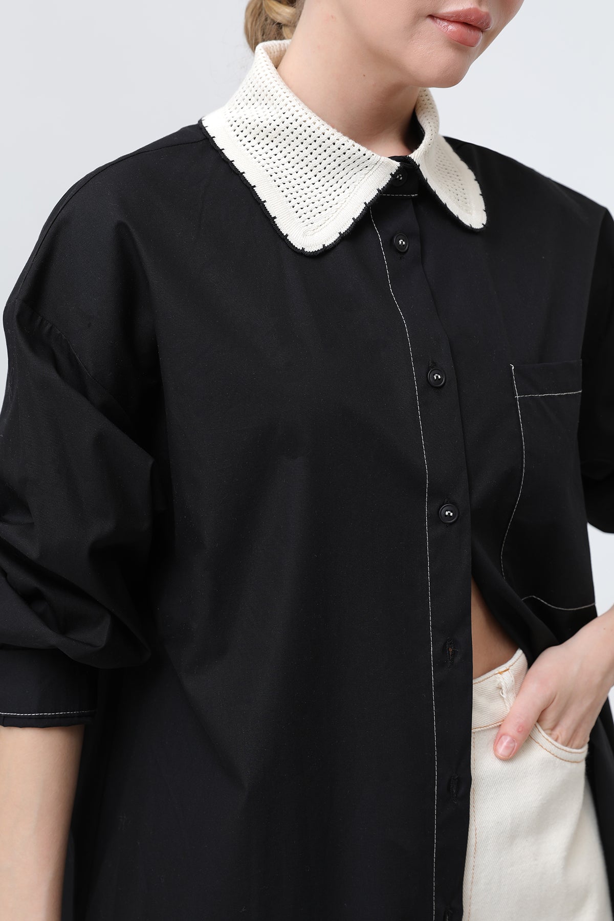 Kadın Yakası Örme Detaylı Gömlek - 32150GML BLACK