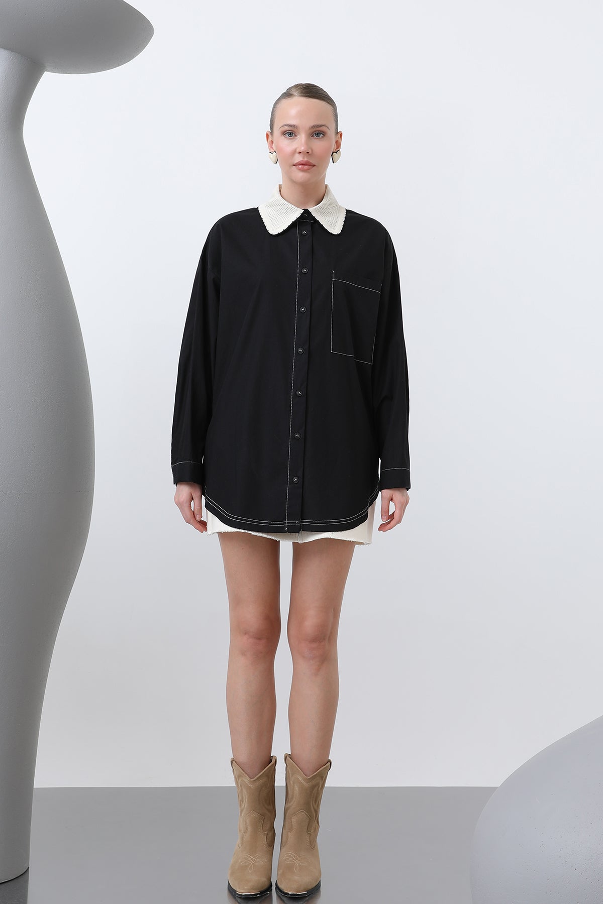 Kadın Yakası Örme Detaylı Gömlek - 32150GML BLACK