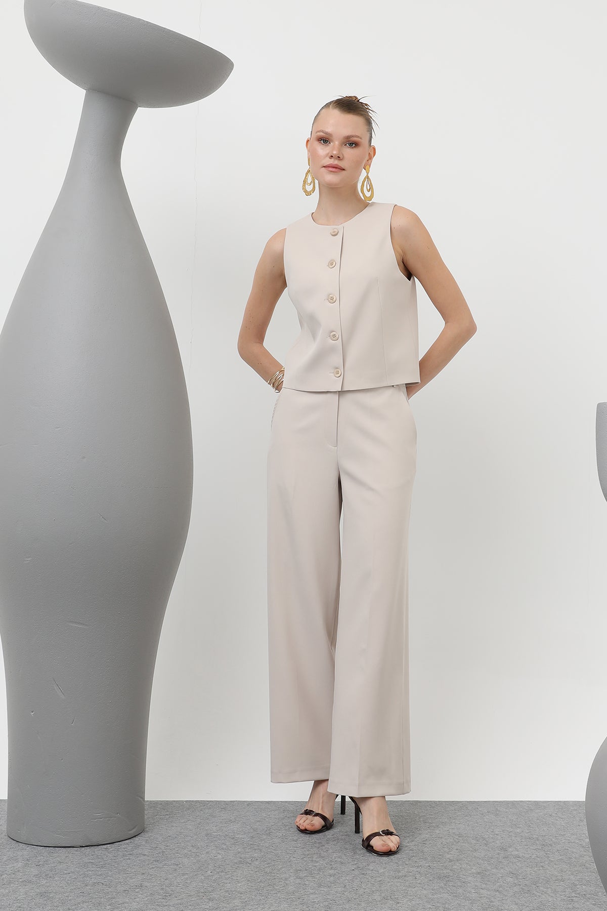 Kadın Basic Kemerli Pantolon - 32152PNT BEIGE