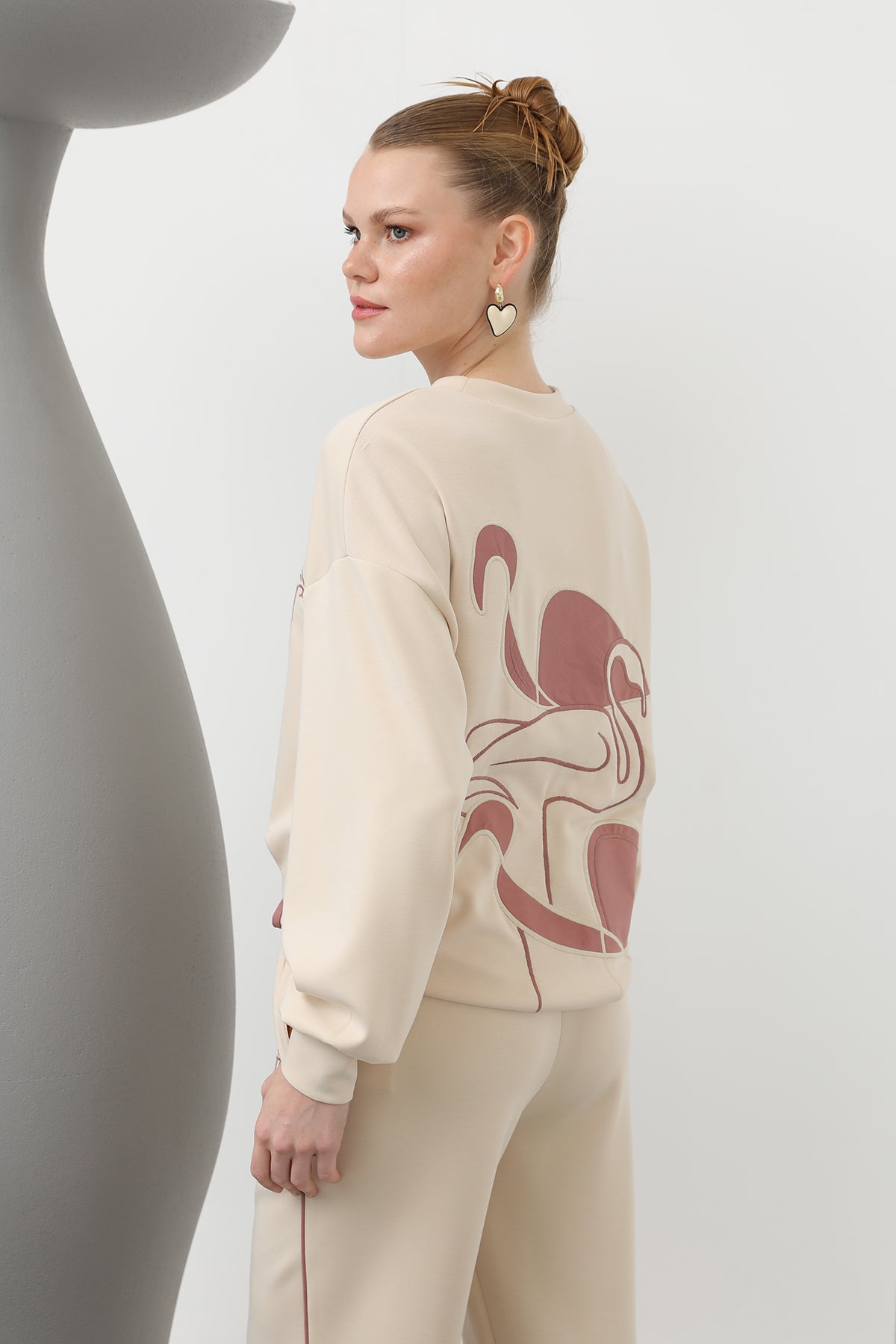 Kadın Kuğu Nakışlı Eşofman Takım - 32162TKS BEIGE-ROSE