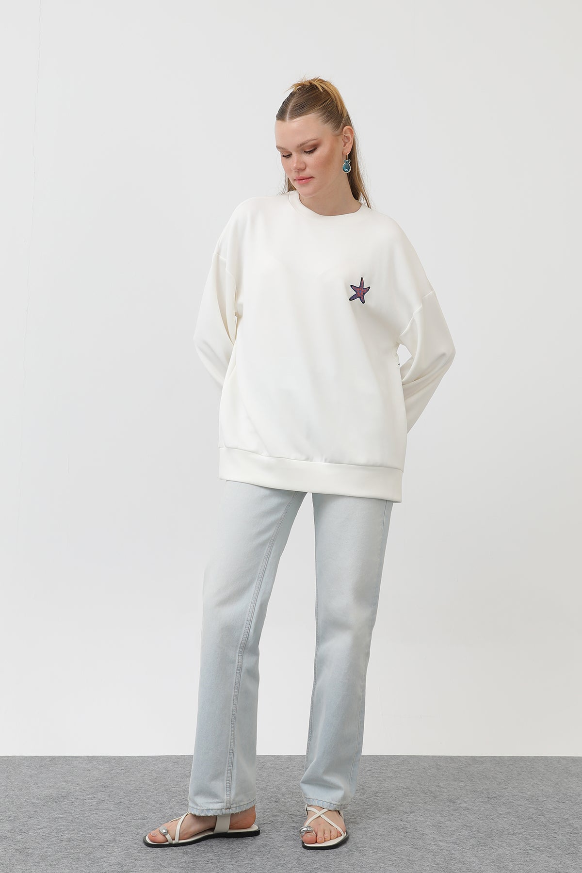 Kadın Balık Nakışlı Sweat - 32163SWT ECRU