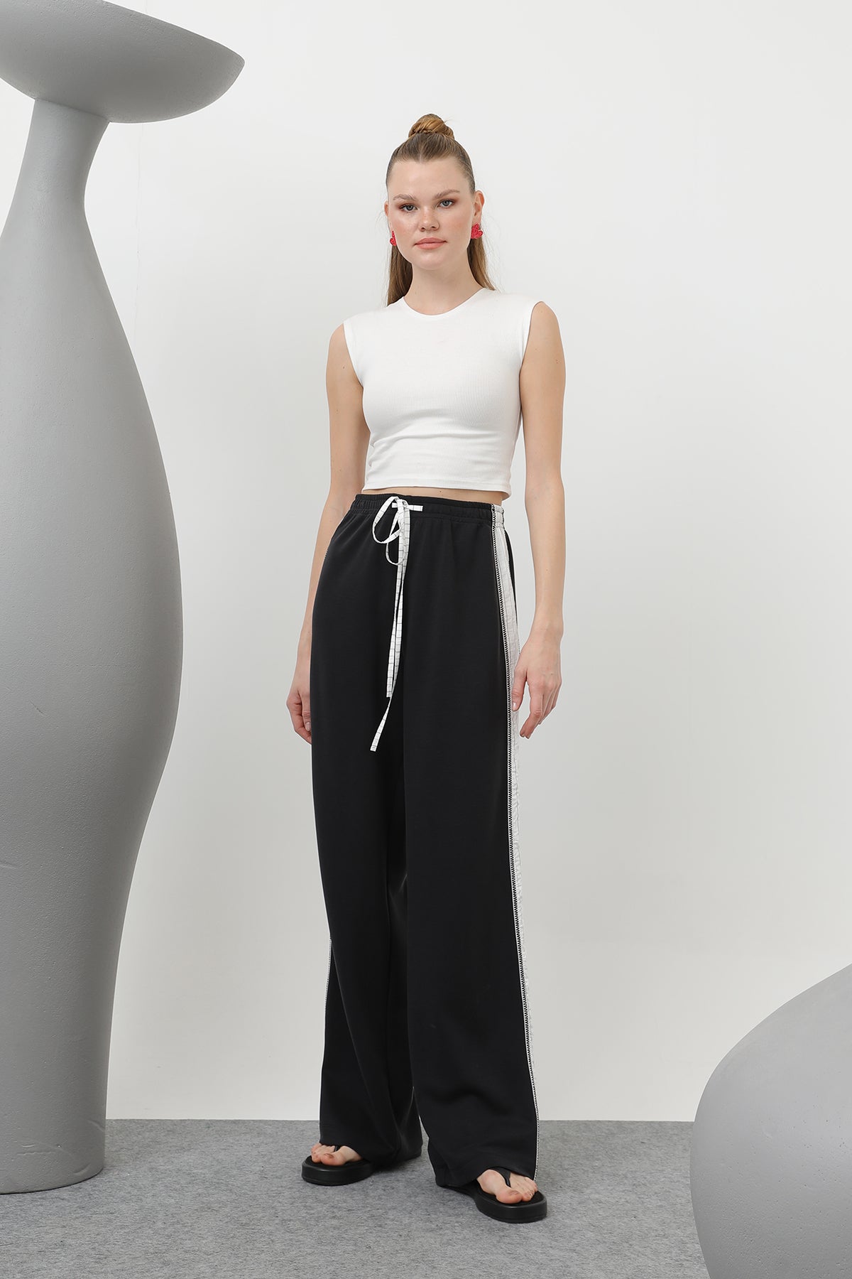 Kadın Çizgi Garnili Pantolon - 32167PNT BLACK-ECRU