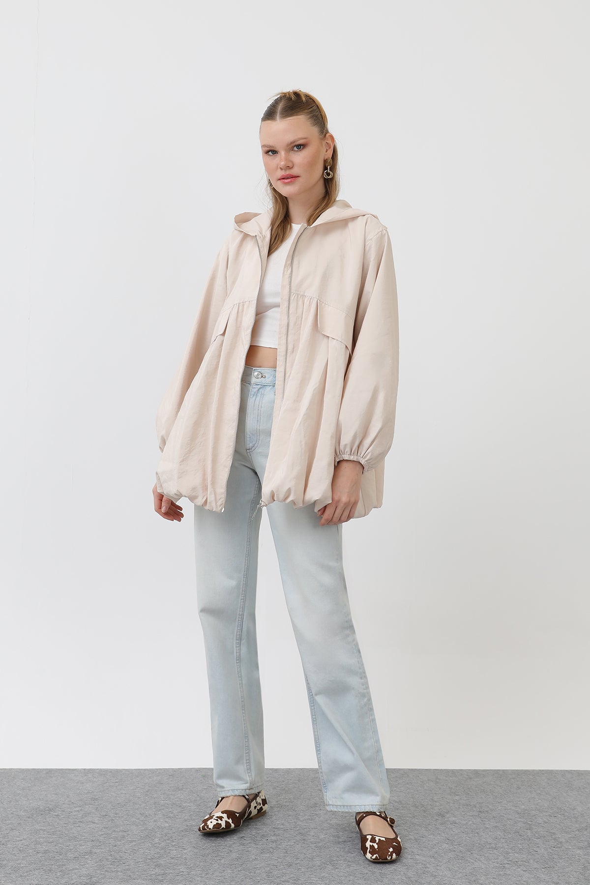 Kadın Cepli Fermuarlı Ceket - 32168CKT BEIGE
