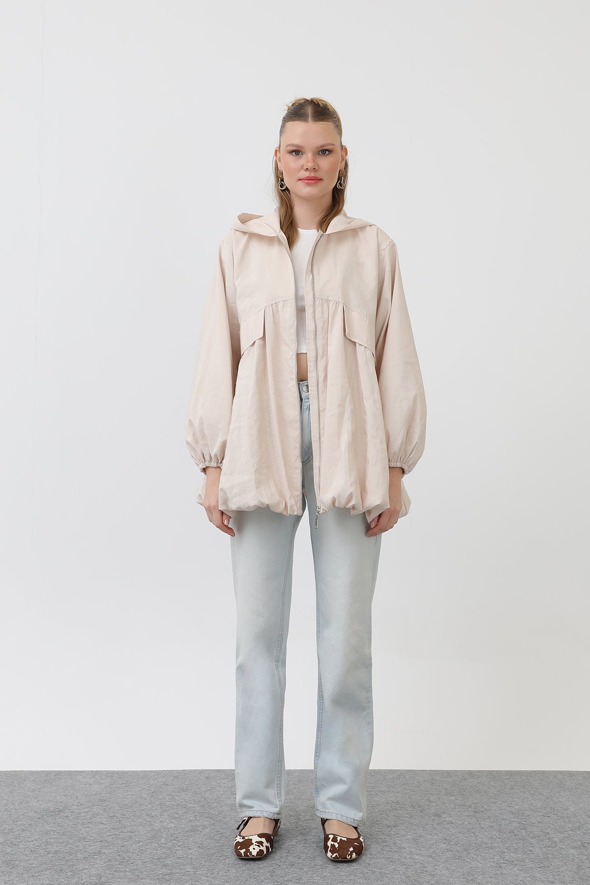 Kadın Cepli Fermuarlı Ceket - 32168CKT BEIGE