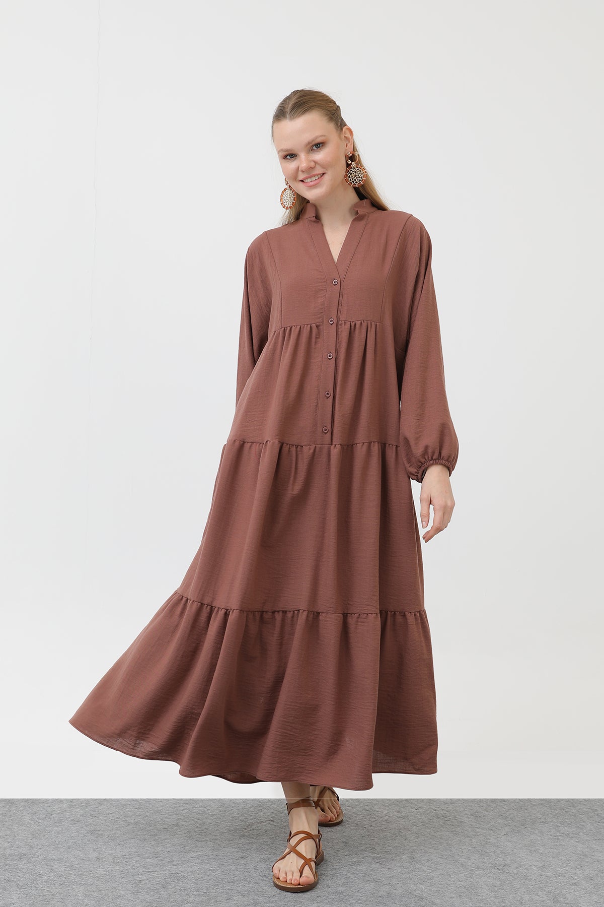 Kadın Keten Elbise - 32171ELB LIGHT BROWN