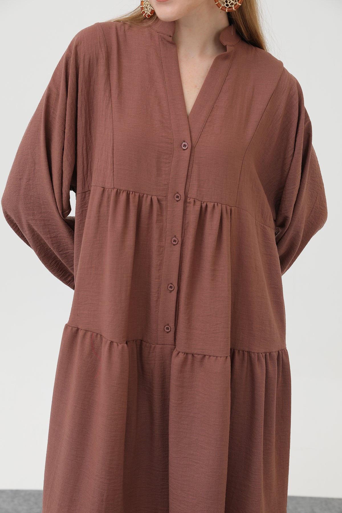 Kadın Keten Elbise - 32171ELB LIGHT BROWN