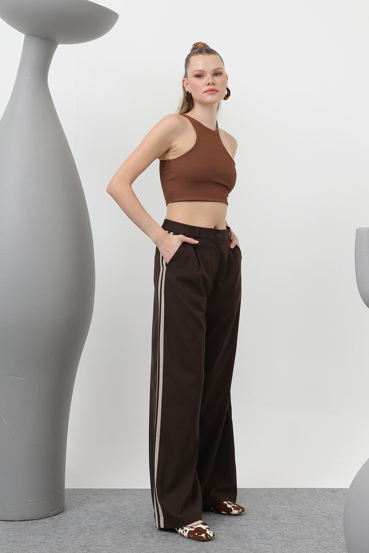 Kadın Garnili Pileli Pantolon - 32176PNT BROWN-BEIGE