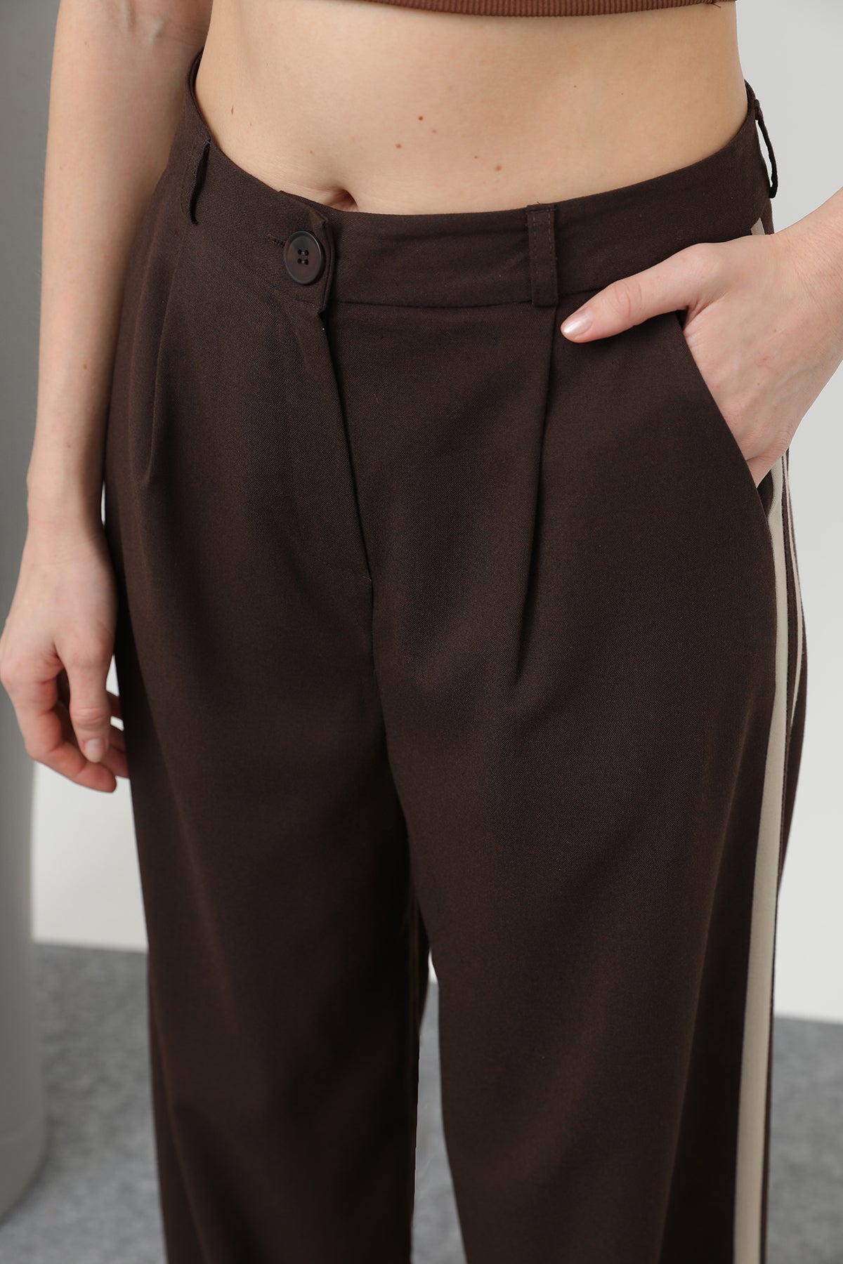 Kadın Garnili Pileli Pantolon - 32176PNT BROWN-BEIGE