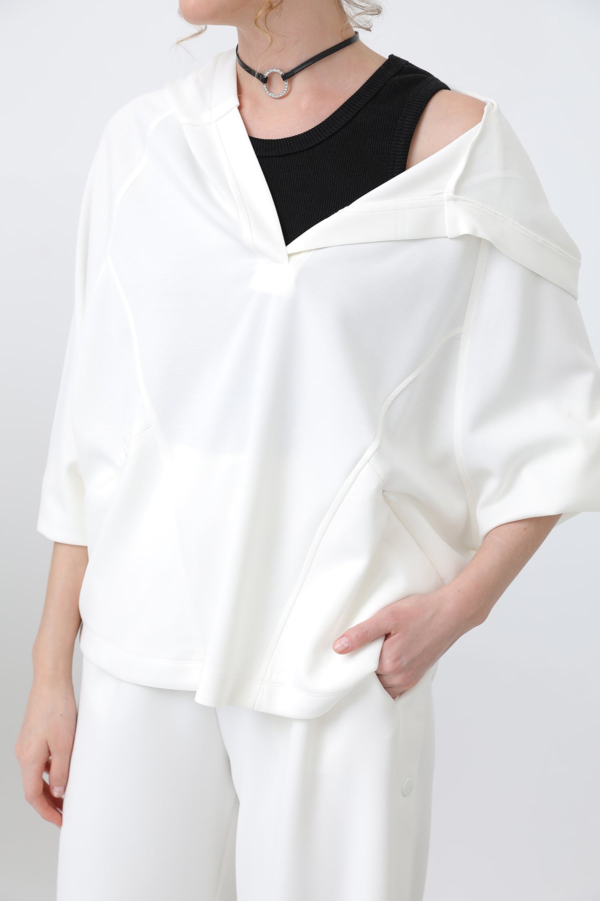 Kadın Gizli Fermuar Detaylı Sweat - 32188SWT ECRU