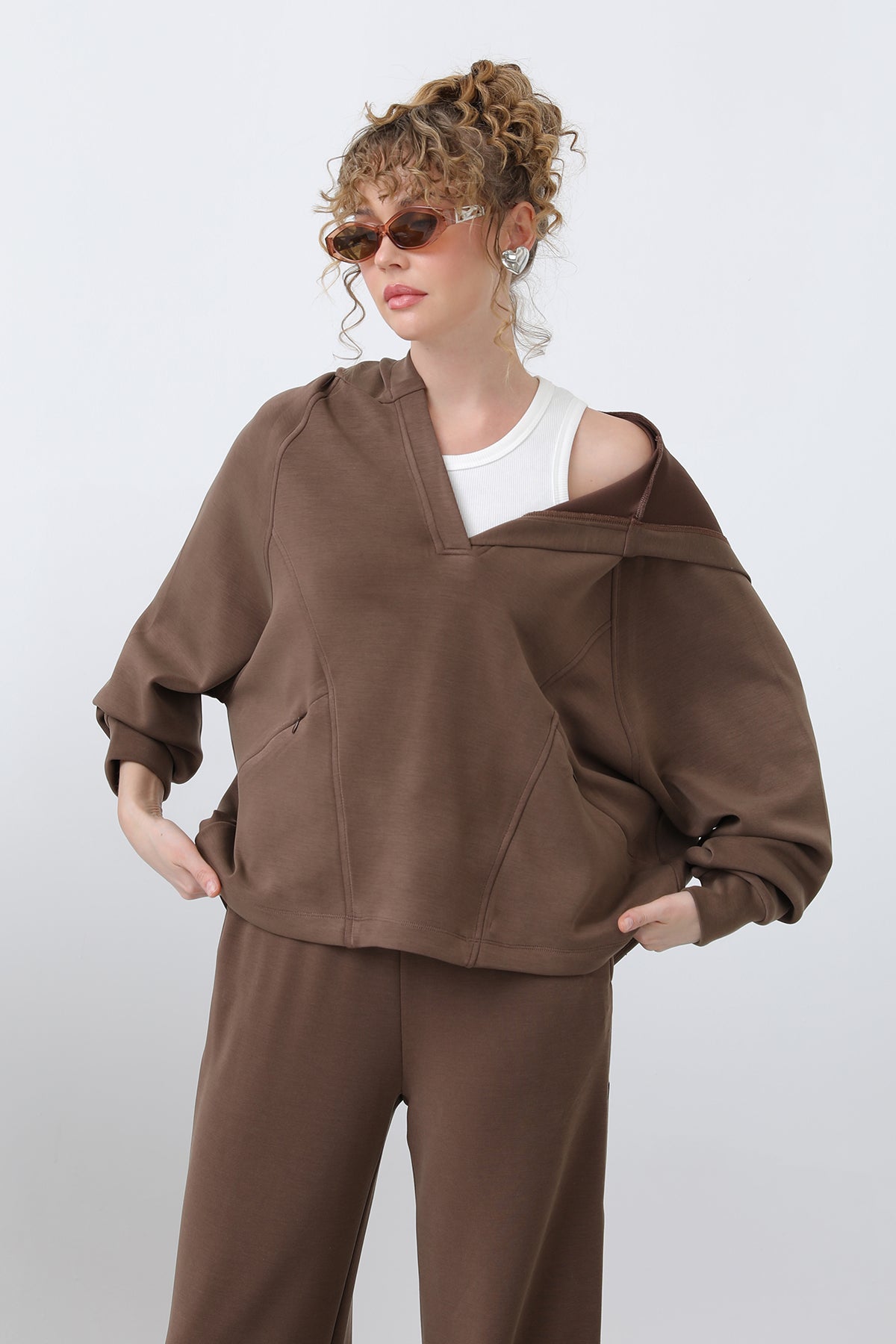 Kadın Gizli Fermuar Detaylı Sweat - 32188SWT BROWN