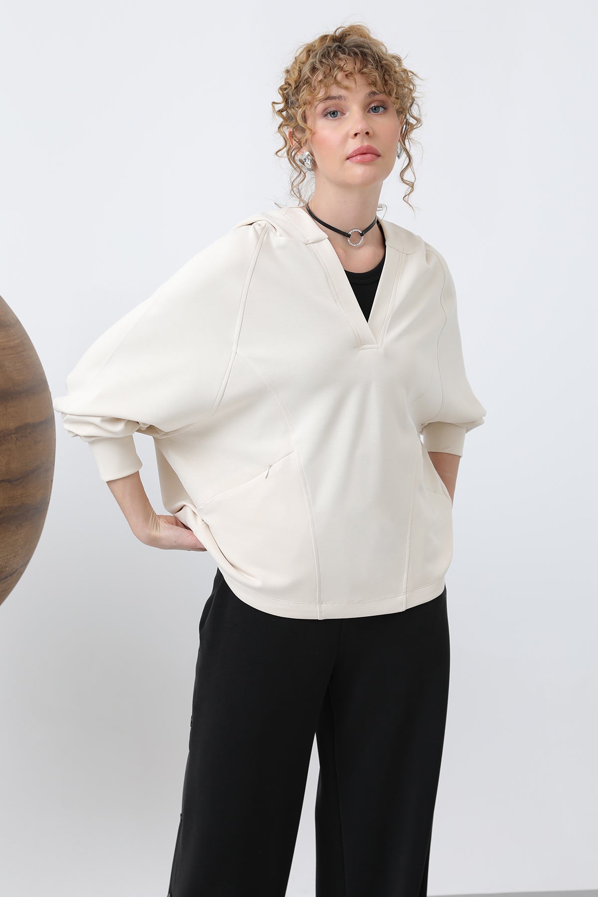Kadın Gizli Fermuar Detaylı Sweat - 32188SWT SAND BEIGE