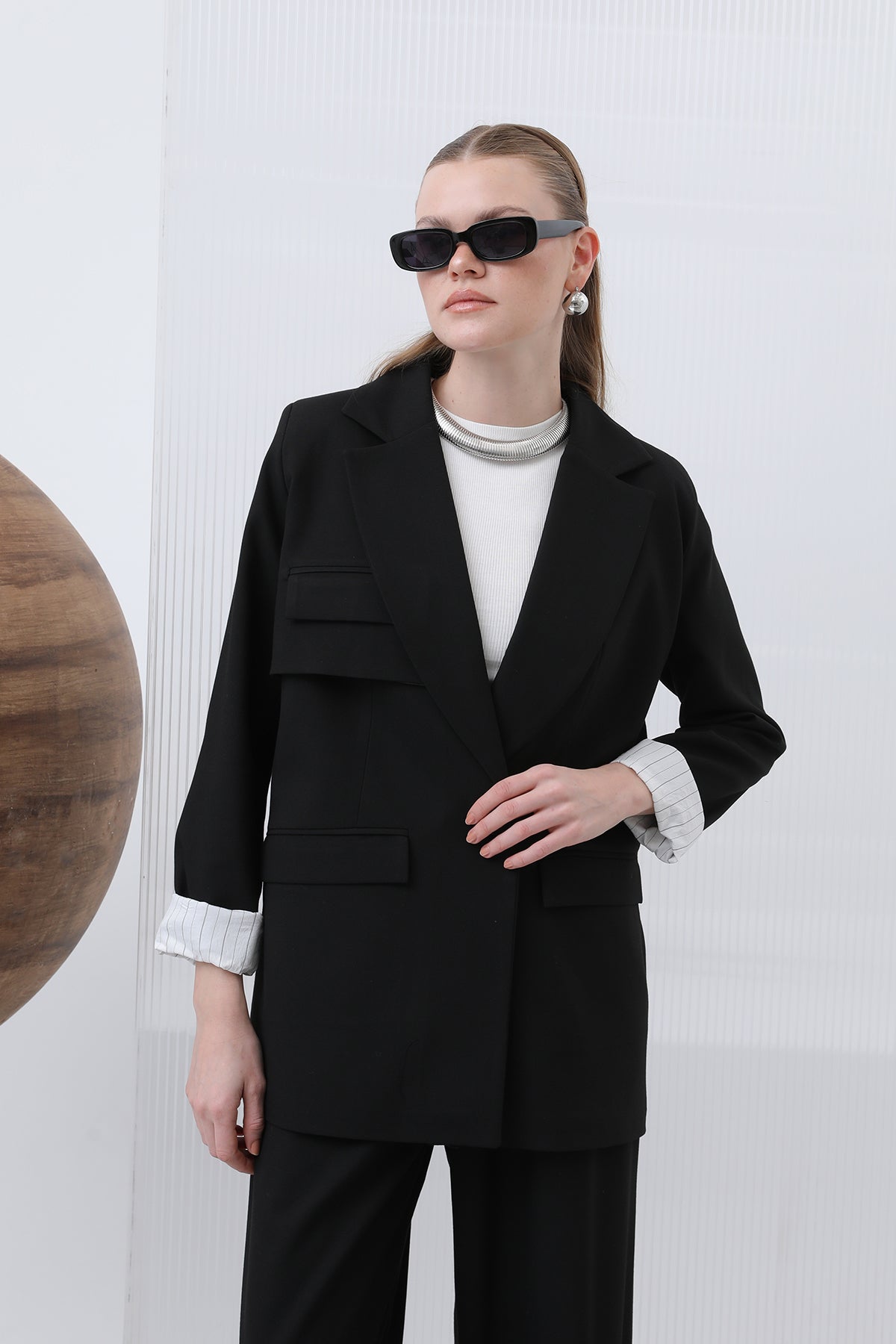 Kadın Cepli Çizgi Garnili Blazer Ceket - 32190CKT BLACK-ECRU