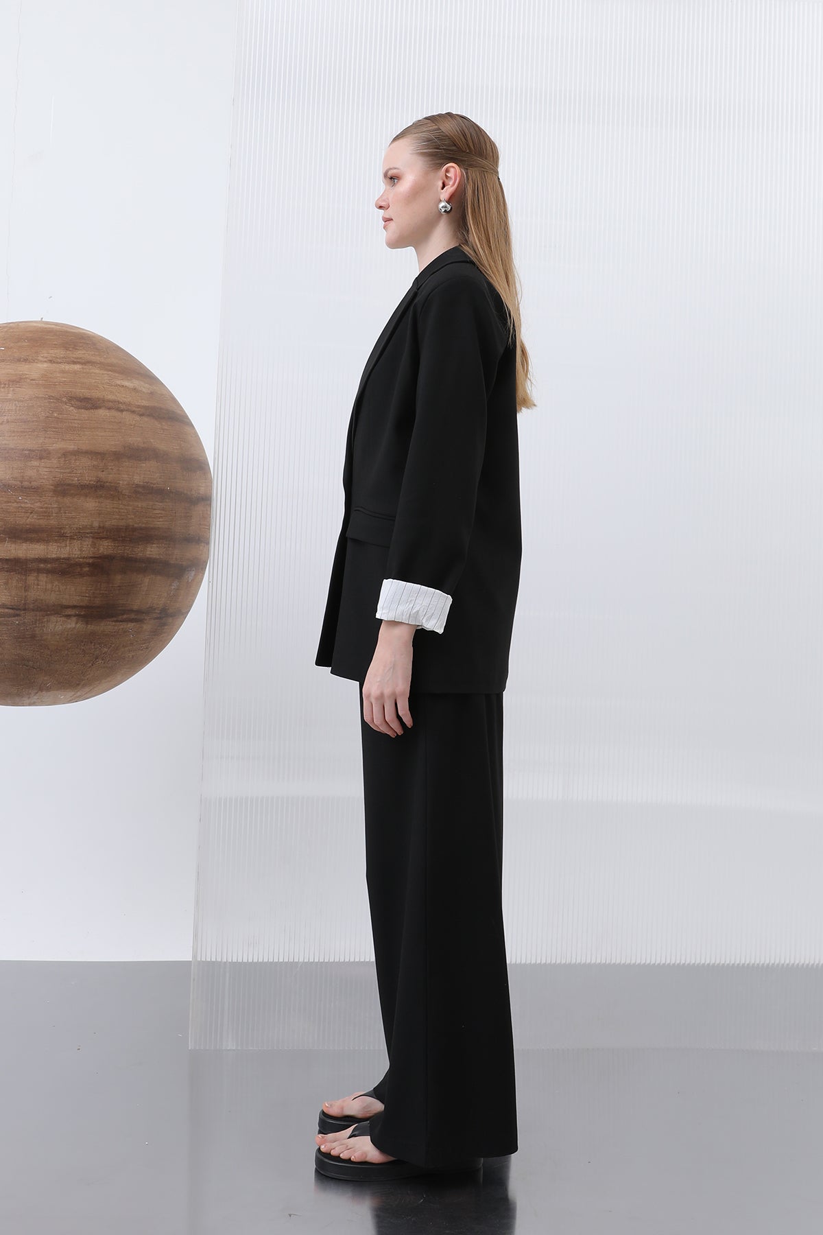 Kadın Cepli Çizgi Garnili Blazer Ceket - 32190CKT BLACK-ECRU
