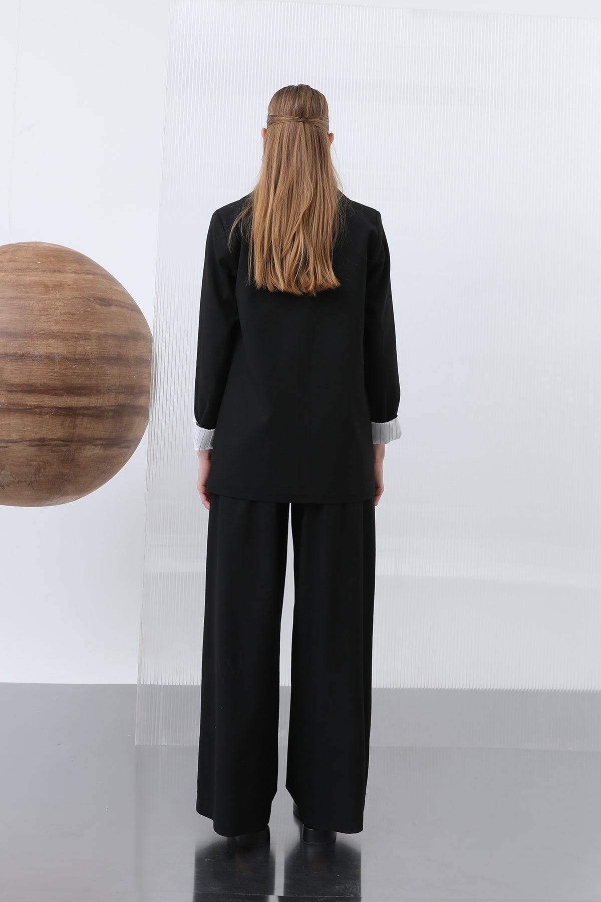 Kadın Cepli Çizgi Garnili Blazer Ceket - 32190CKT BLACK-ECRU