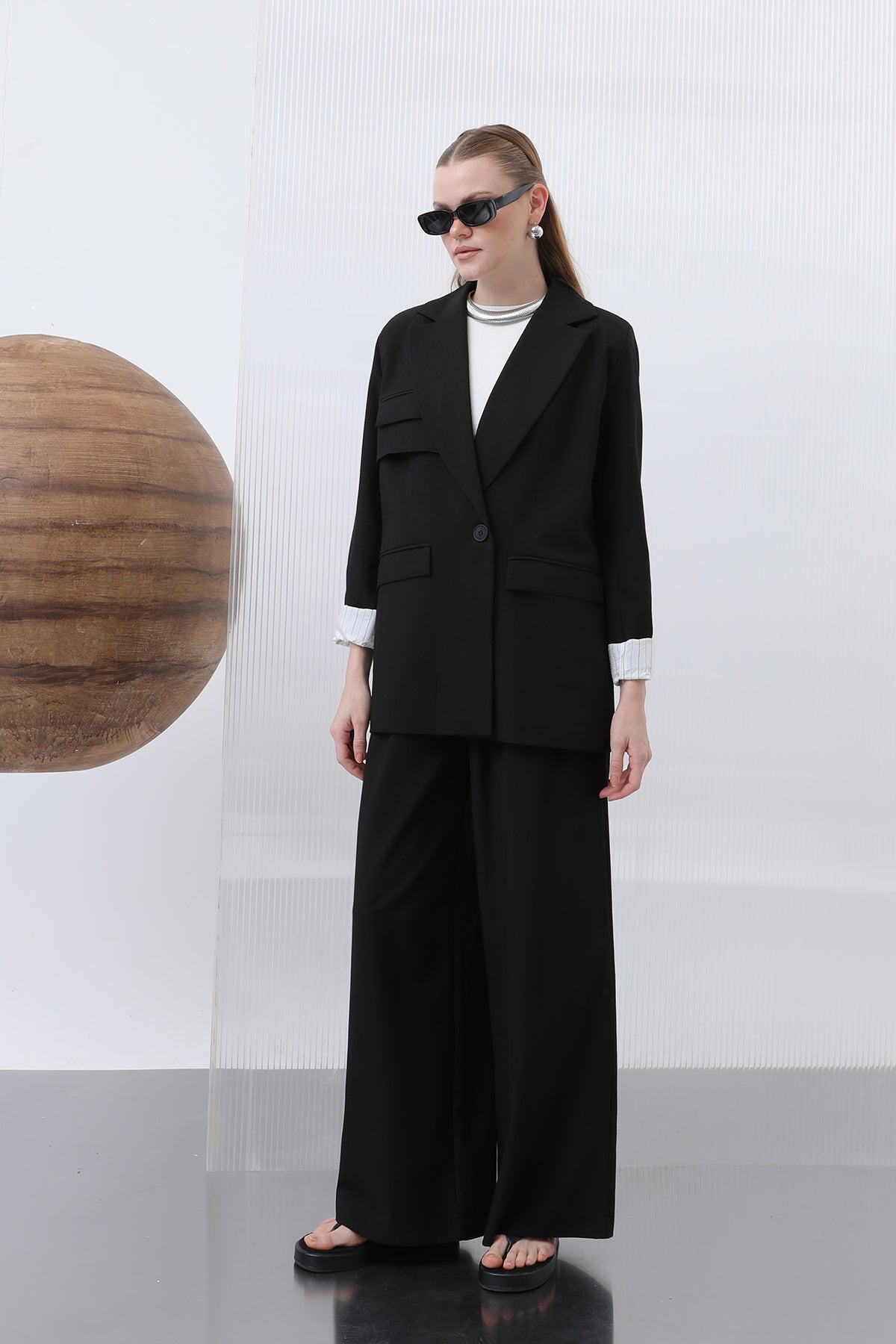 Kadın Cepli Çizgi Garnili Blazer Ceket - 32190CKT BLACK-ECRU