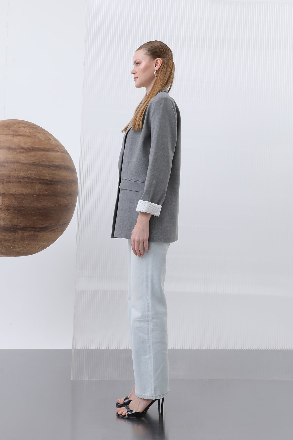 Kadın Cepli Çizgi Garnili Blazer Ceket - 32190CKT GREY-ECRU