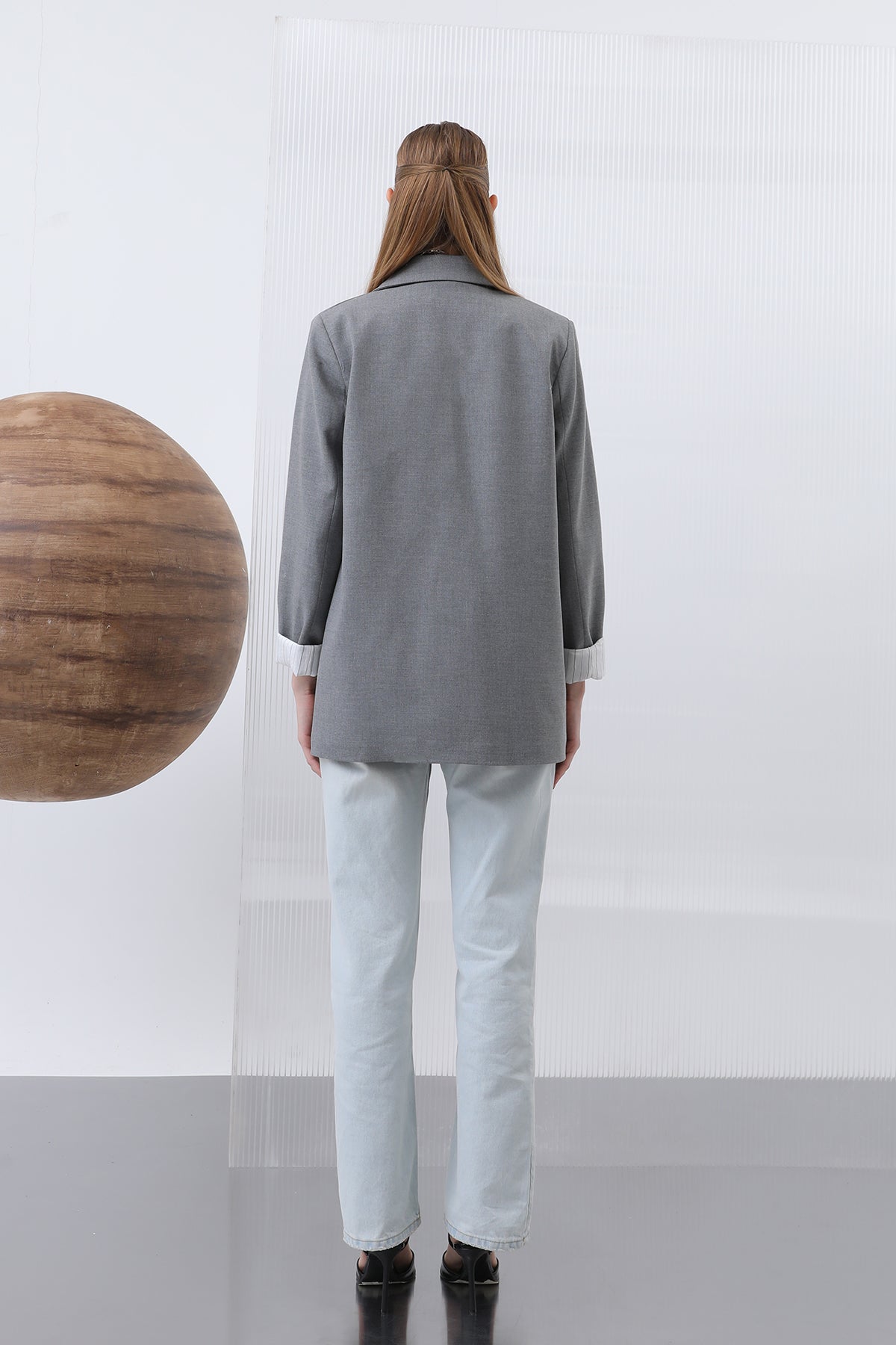 Kadın Cepli Çizgi Garnili Blazer Ceket - 32190CKT GREY-ECRU
