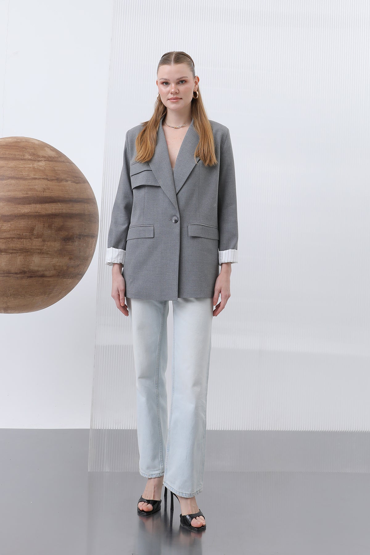 Kadın Cepli Çizgi Garnili Blazer Ceket - 32190CKT GREY-ECRU