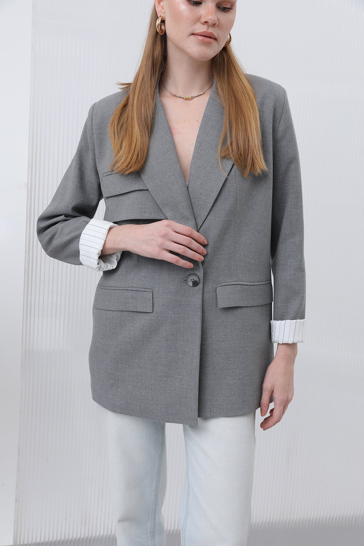 Kadın Cepli Çizgi Garnili Blazer Ceket - 32190CKT GREY-ECRU