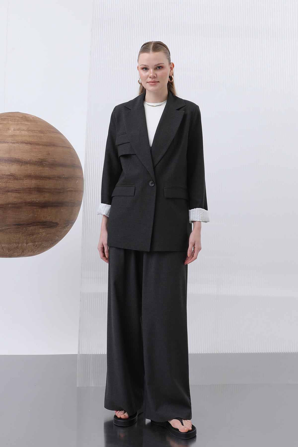 Kadın Cepli Çizgi Garnili Blazer Ceket - 32190CKT ANTRACITE-ECRU