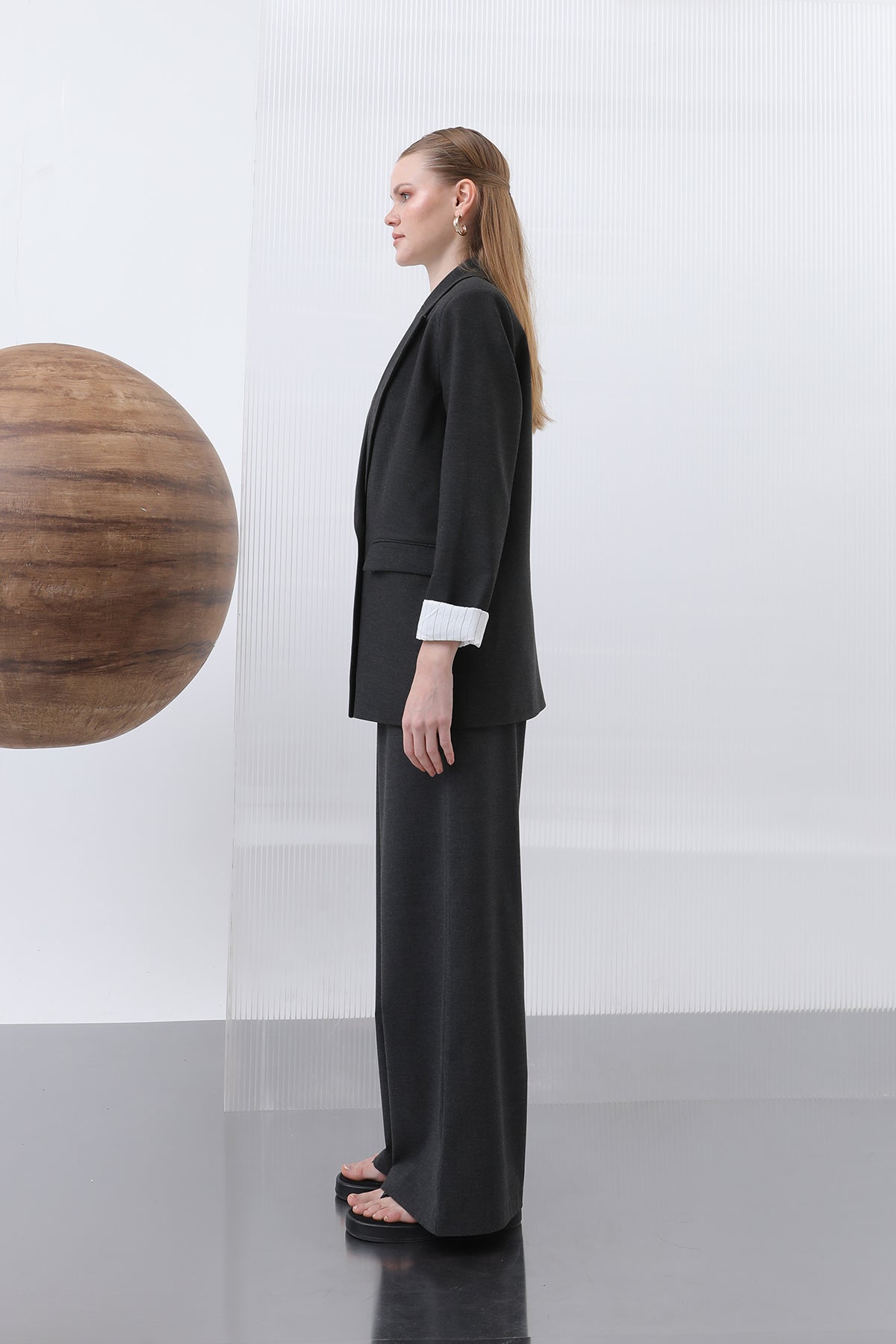 Kadın Cepli Çizgi Garnili Blazer Ceket - 32190CKT ANTRACITE-ECRU