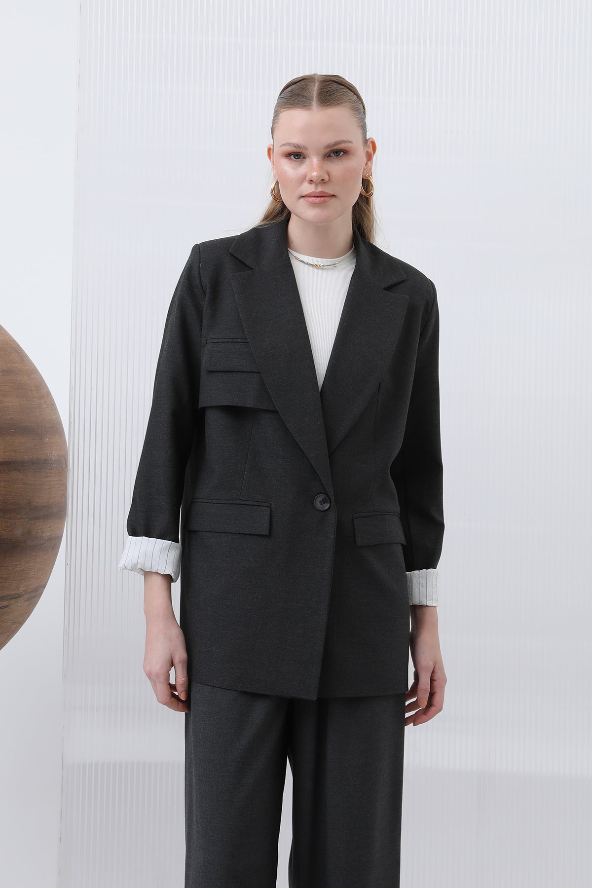 Kadın Cepli Çizgi Garnili Blazer Ceket - 32190CKT ANTRACITE-ECRU