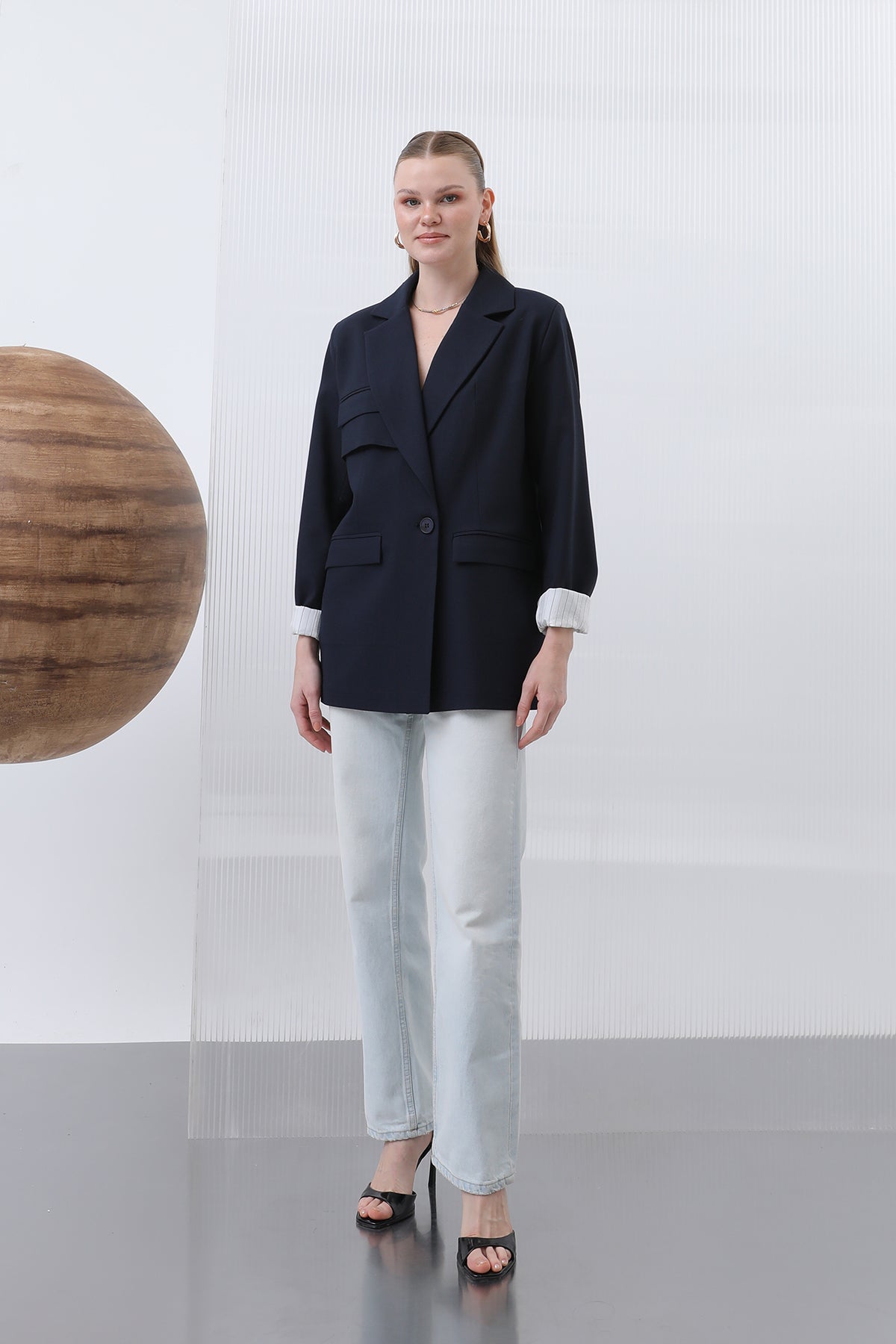 Kadın Cepli Çizgi Garnili Blazer Ceket - 32190CKT NAVY-ECRU