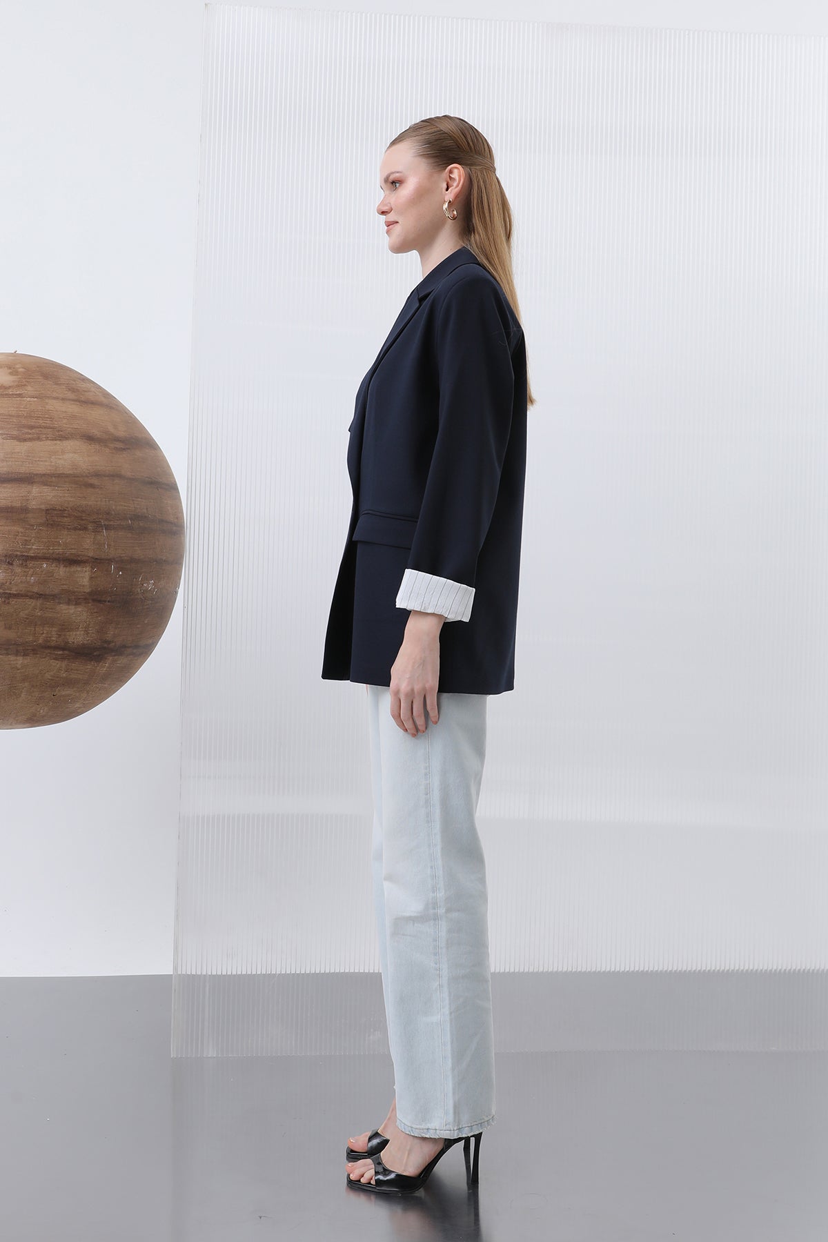 Kadın Cepli Çizgi Garnili Blazer Ceket - 32190CKT NAVY-ECRU