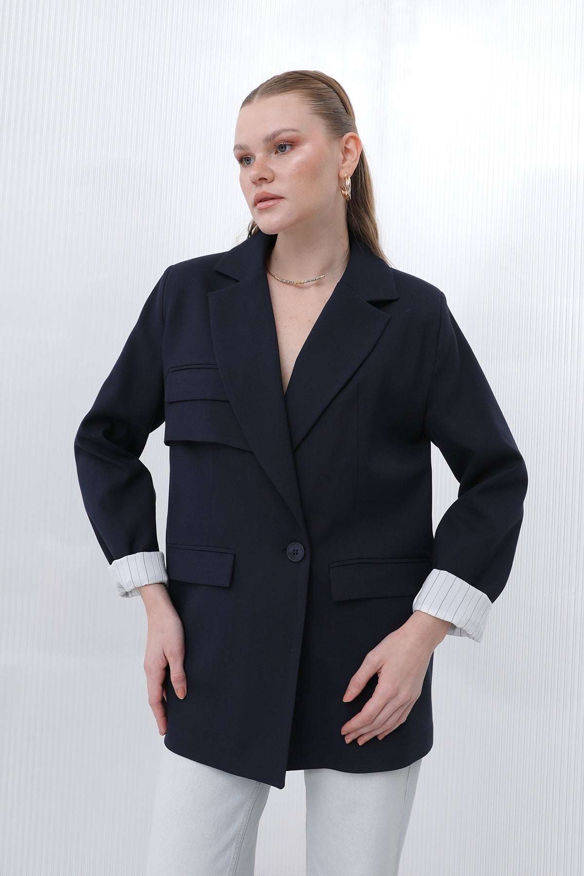 Kadın Cepli Çizgi Garnili Blazer Ceket - 32190CKT NAVY-ECRU