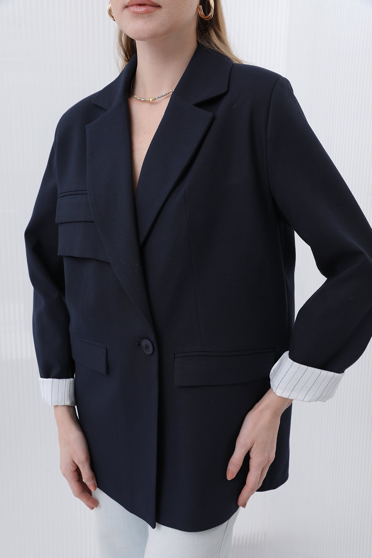 Kadın Cepli Çizgi Garnili Blazer Ceket - 32190CKT NAVY-ECRU