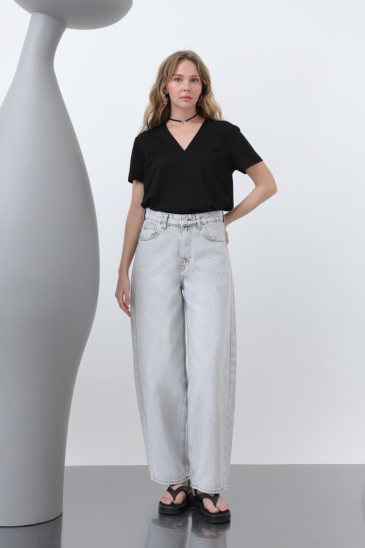 Kadın Bol Denim Pantolon -32192PNT GREY