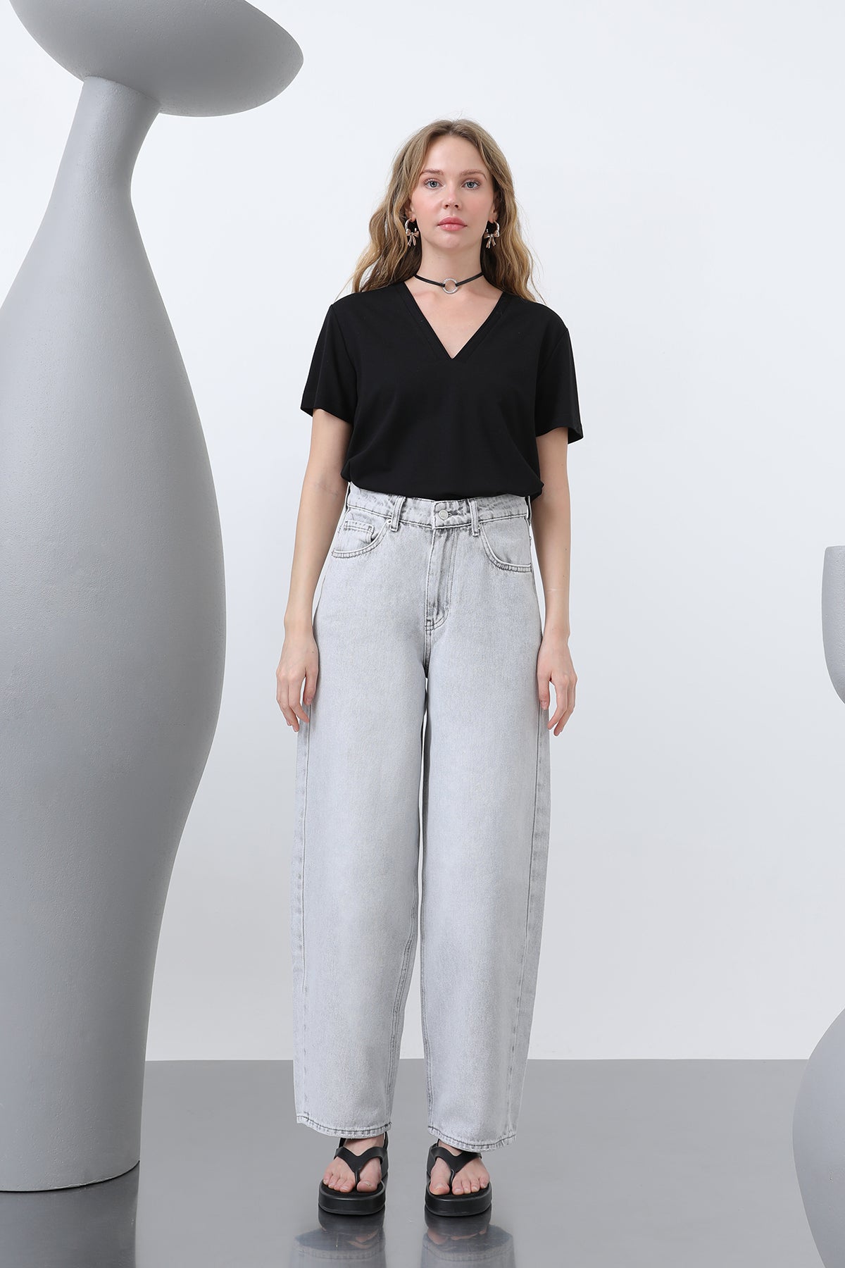 Kadın Bol Denim Pantolon -32192PNT GREY