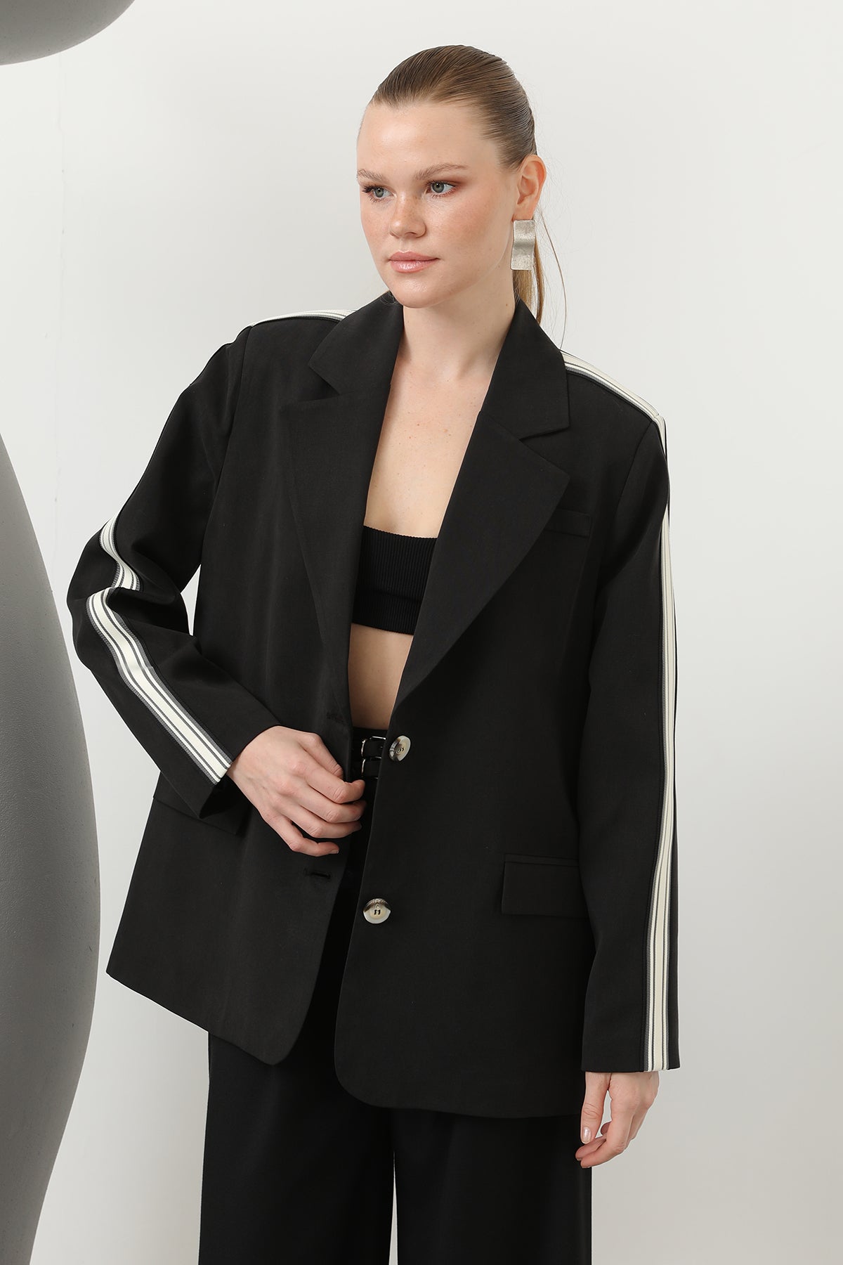 Kadın Şerit Detaylı Blazer Ceket - 32199CKT BLACK