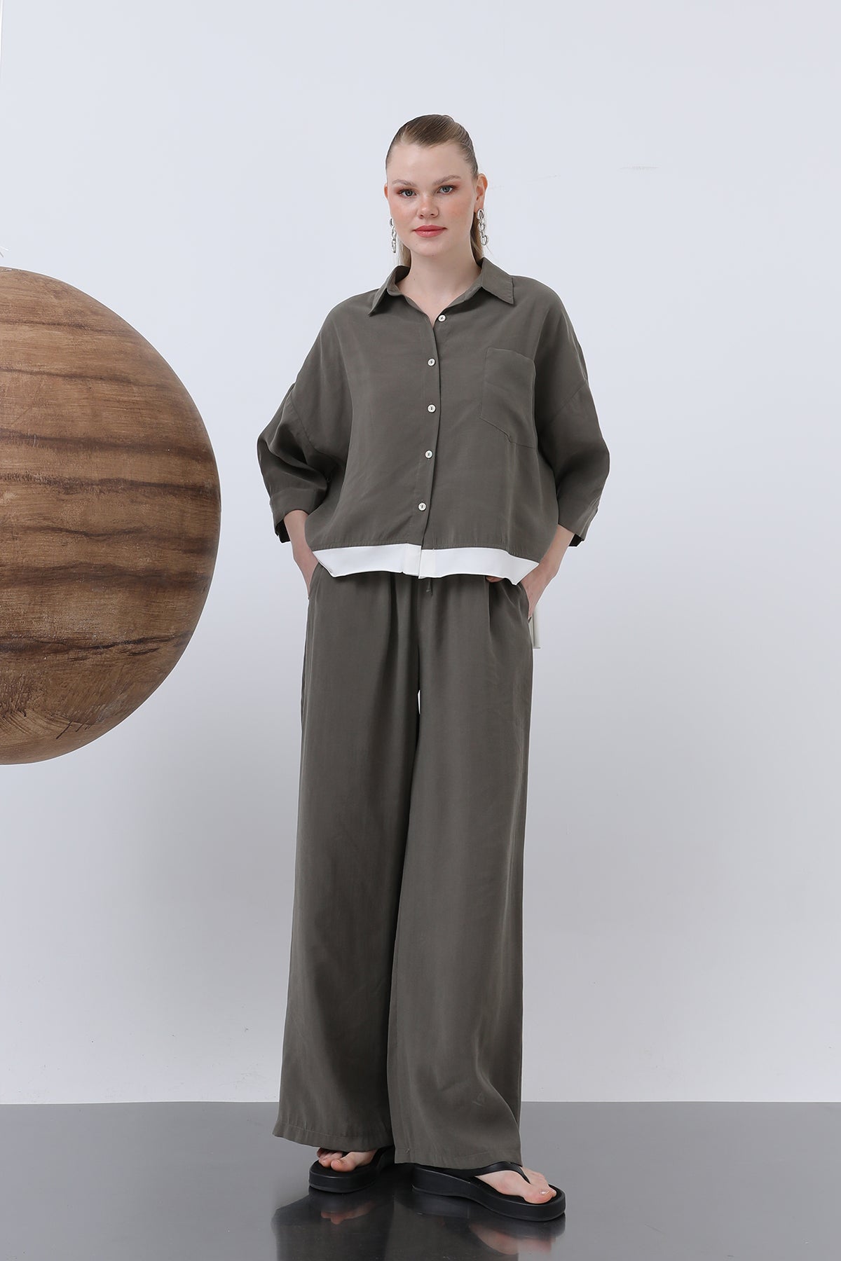Kadın Arkası Baskılı Gömlek - 32205GML KHAKI