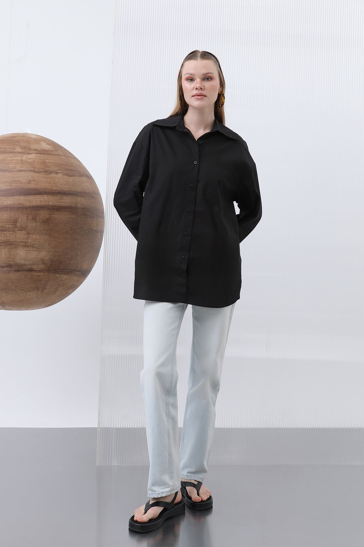 Kadın Arkası Fiyonklu Gömlek - 32210GML BLACK