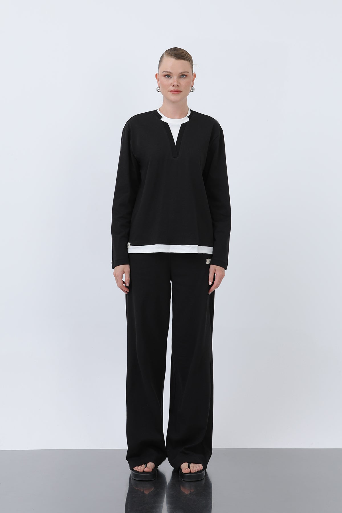 Kadın Basic Garnili Sweatshirt BLACK