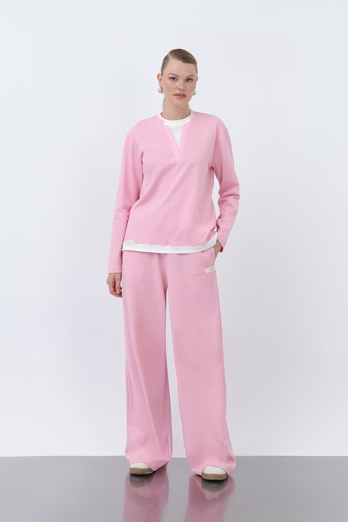 Kadın Basic Garnili Sweatshirt PINK