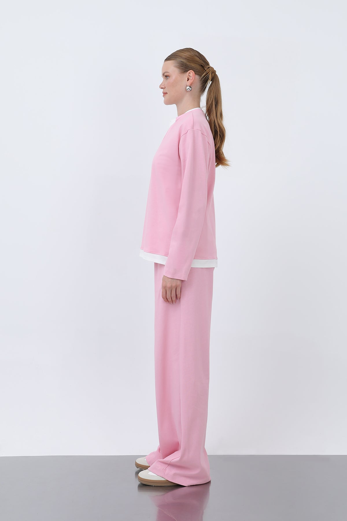 Kadın Basic Garnili Sweatshirt PINK