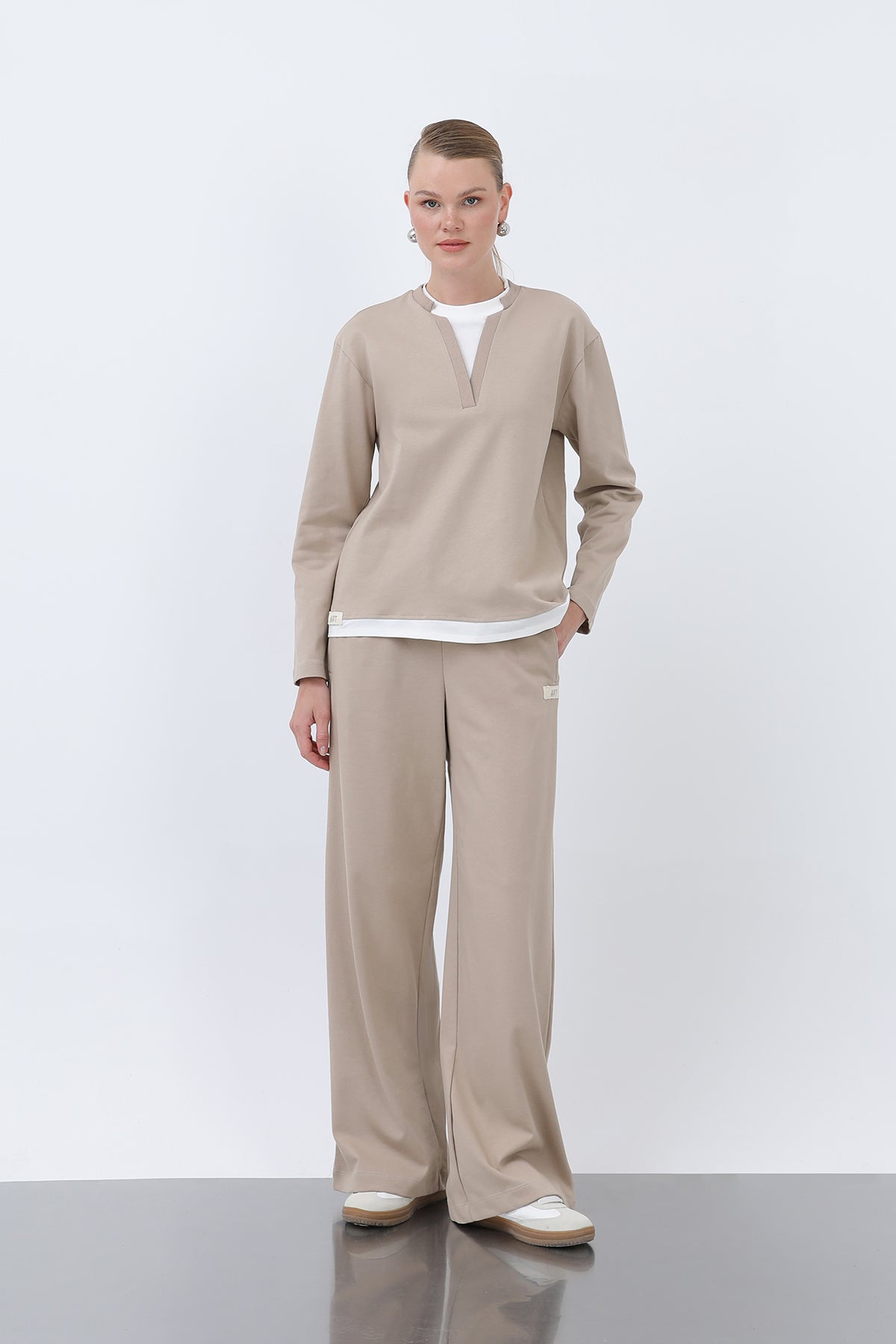 Kadın Basic Garnili Sweatshirt BEIGE