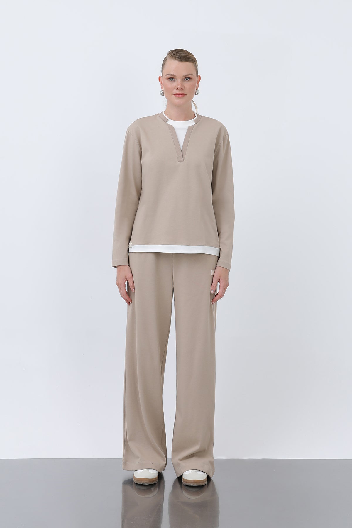 Kadın Basic Garnili Sweatshirt BEIGE
