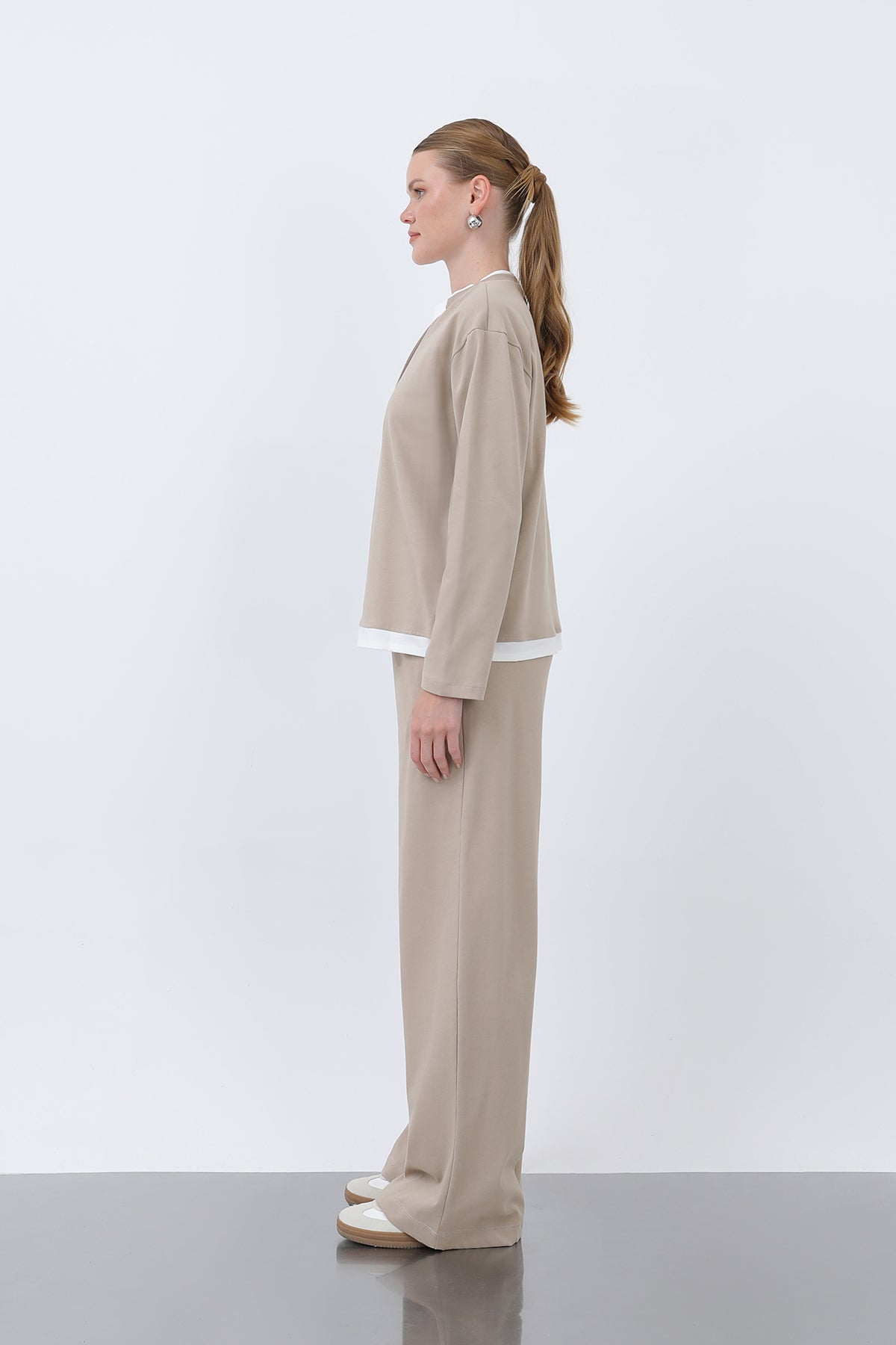 Kadın Basic Garnili Sweatshirt BEIGE