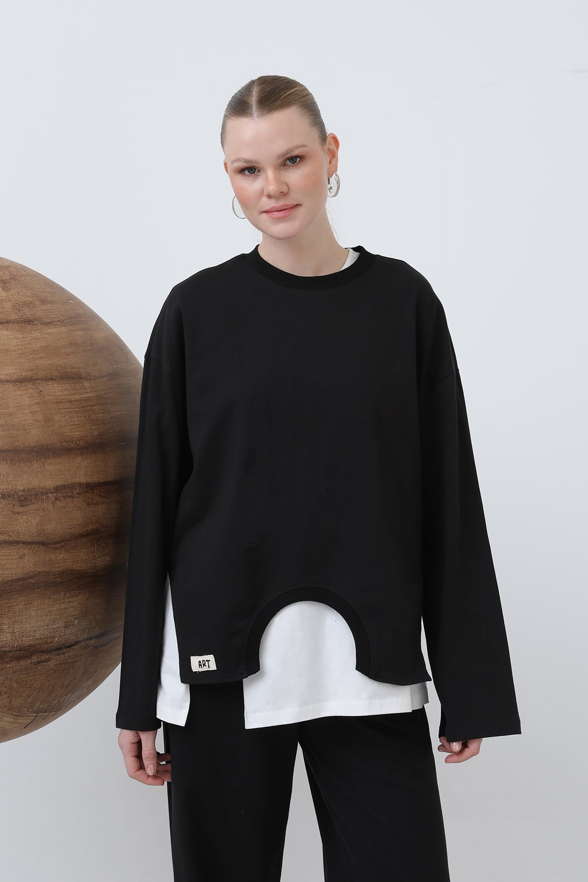 Kadın Basic Asimetrik Garnili Sweatshirt - 32223SWT BLACK