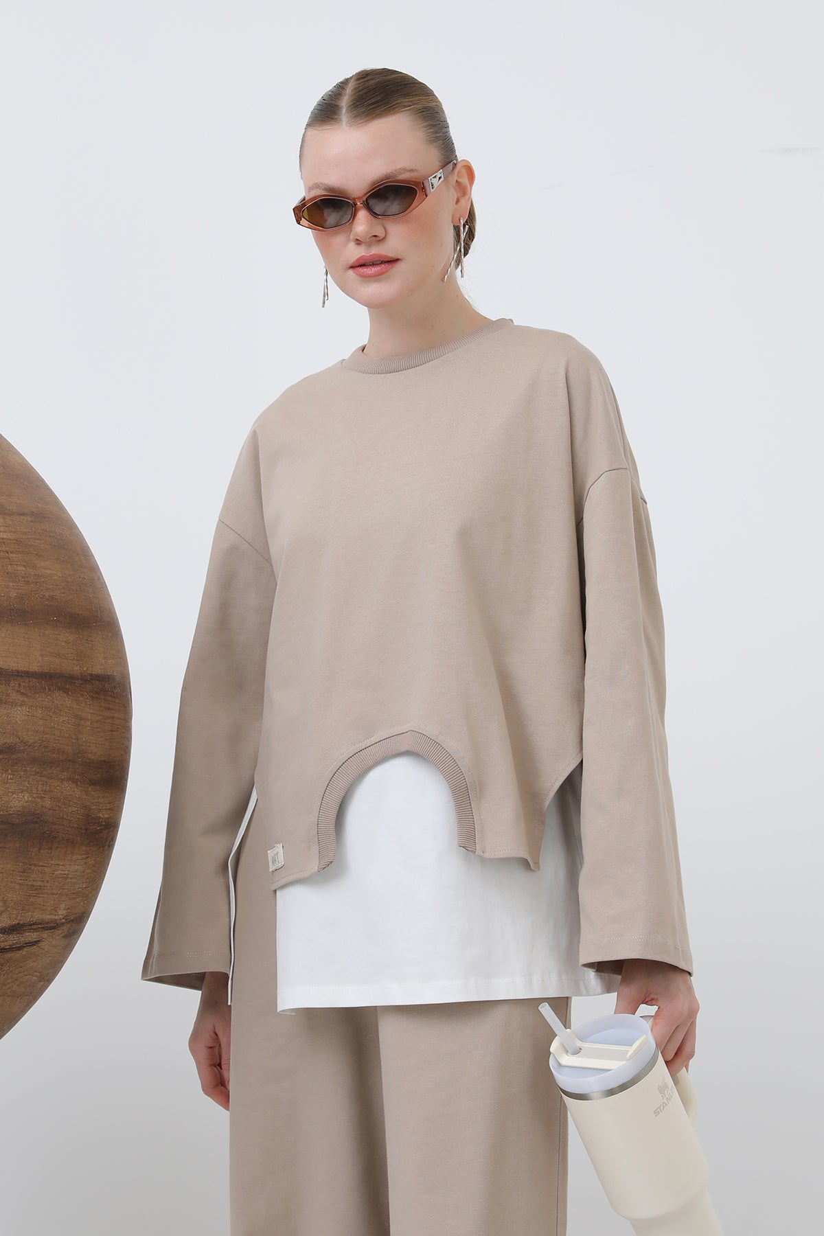 Kadın Basic Asimetrik Garnili Sweatshirt - 32223SWT BEIGE