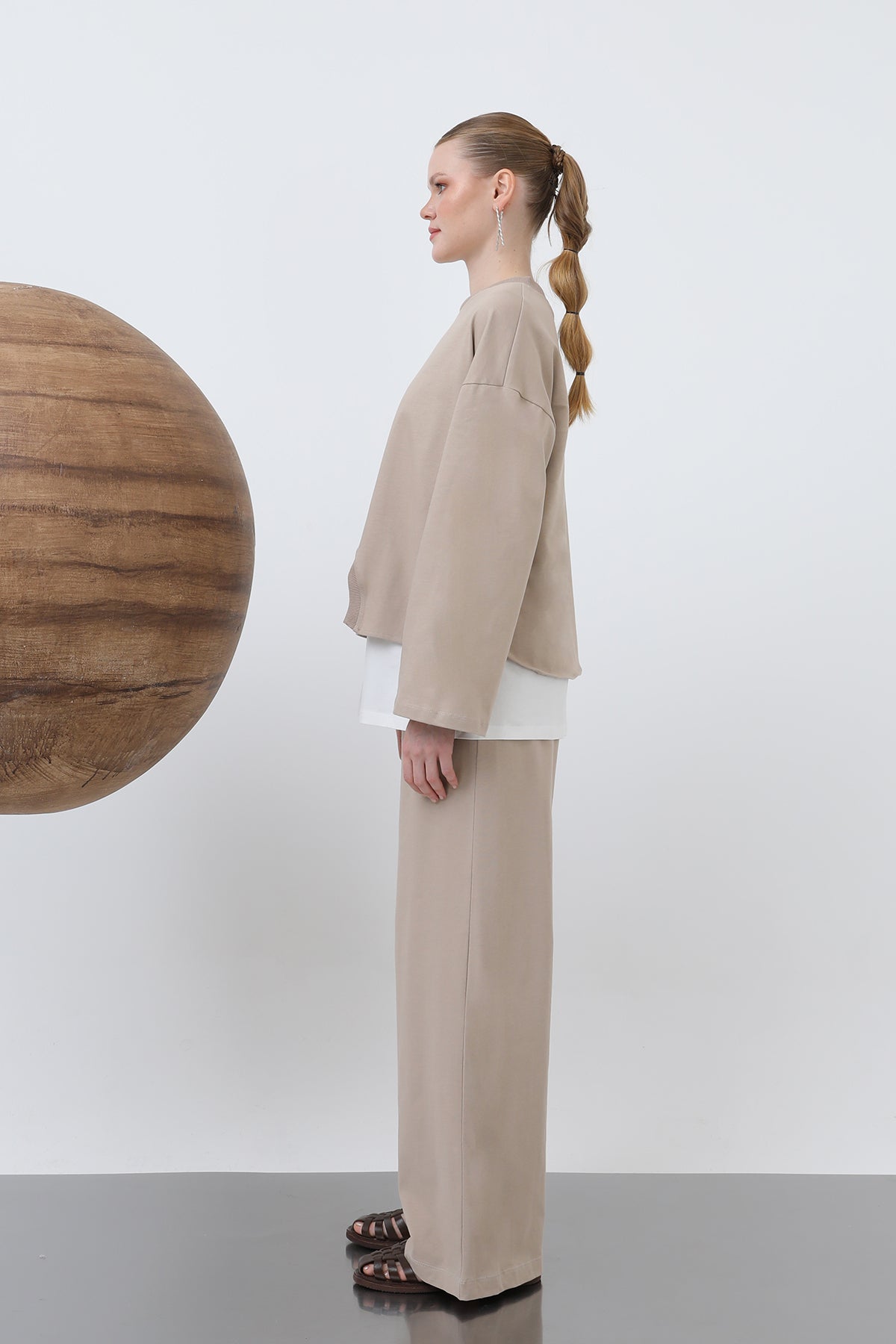 Kadın Basic Asimetrik Garnili Sweatshirt - 32223SWT BEIGE