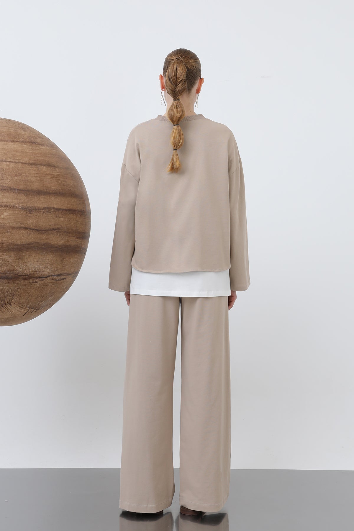Kadın Basic Asimetrik Garnili Sweatshirt - 32223SWT BEIGE