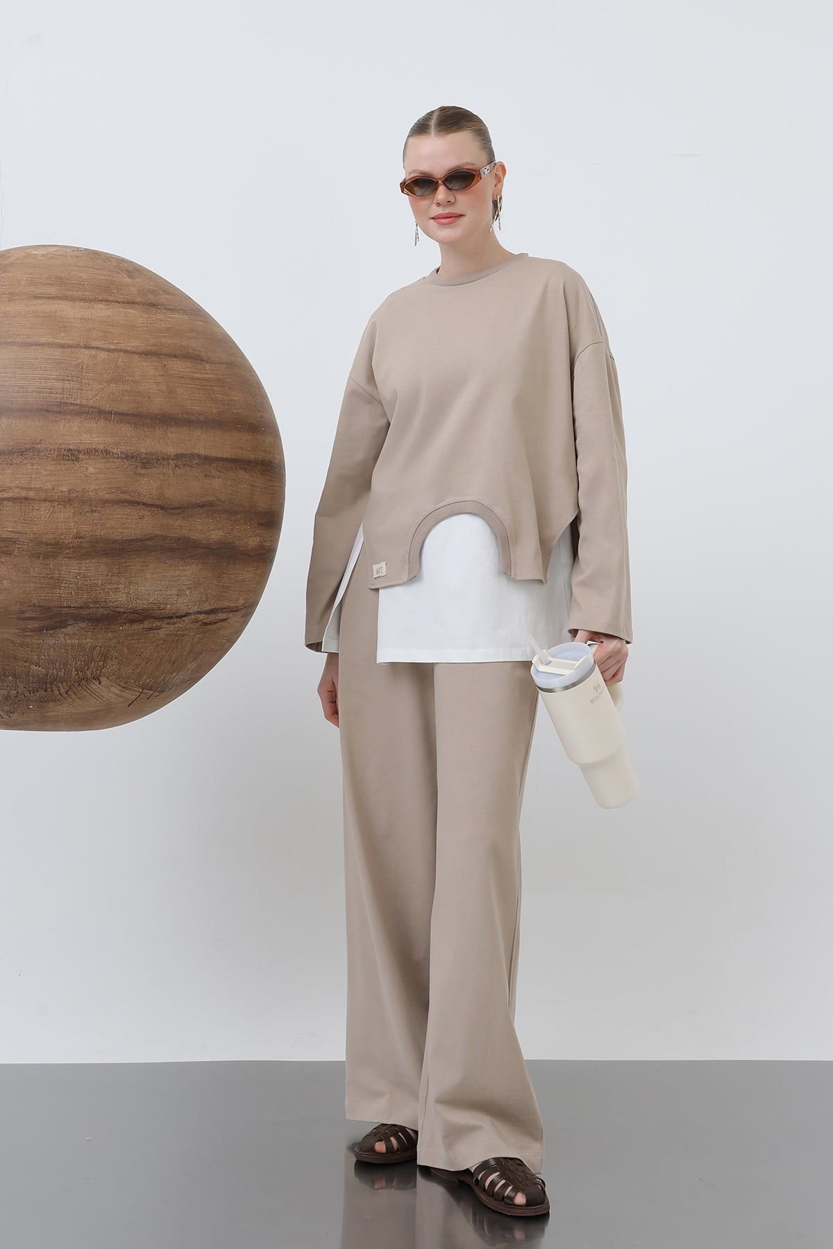 Kadın Basic Asimetrik Garnili Sweatshirt - 32223SWT BEIGE